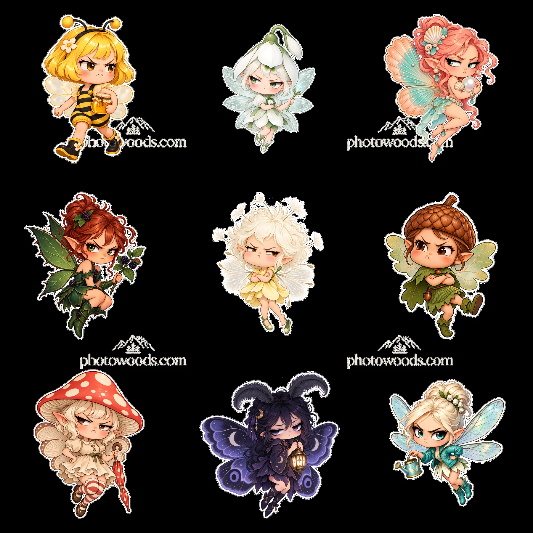 Kawaii Grumpy Fairy collection with diverse characters in grid - AI-generated stock image