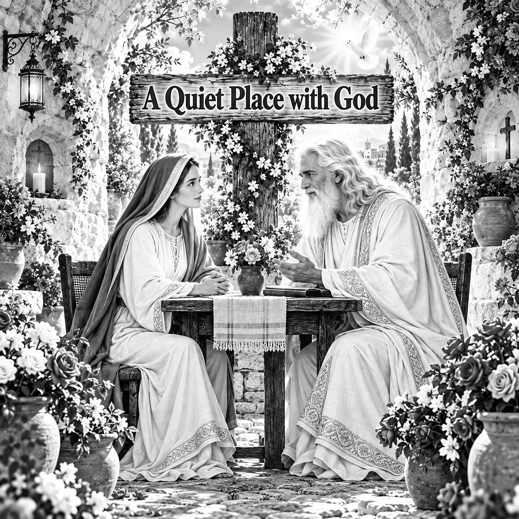 Jesus Christ sharing a meal with a woman in a garden setting - AI-generated stock image