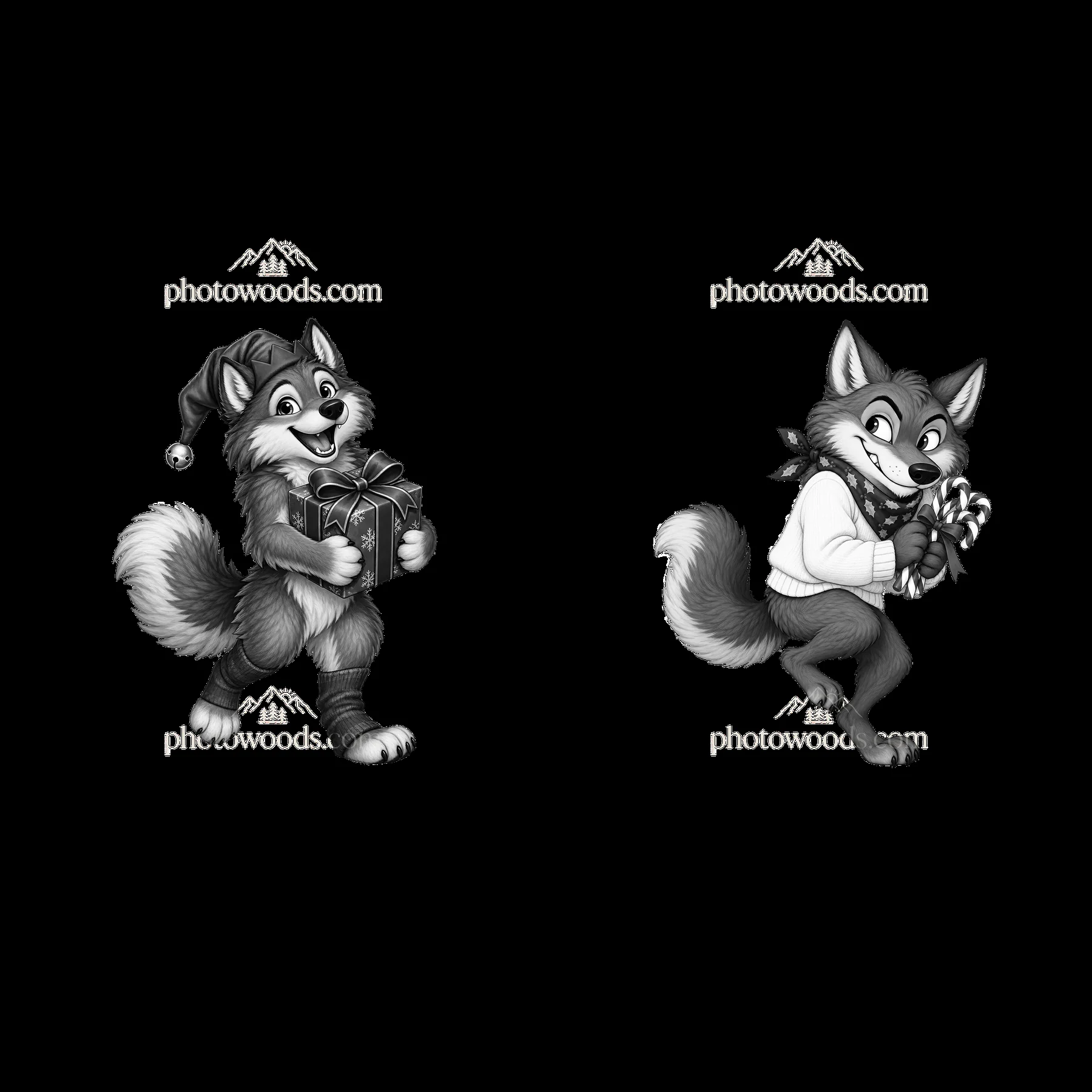 Christmas wolves carrying gifts and candy cane in monochrome - AI-generated stock image