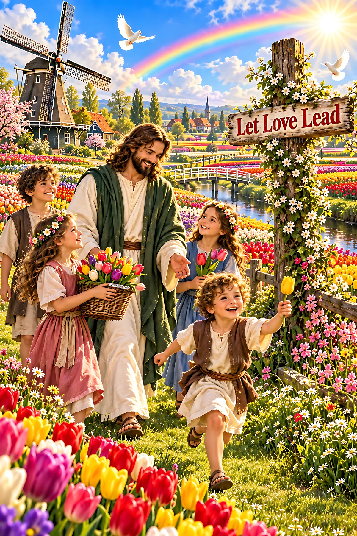 Joy at the tulip windmill - AI-generated stock image