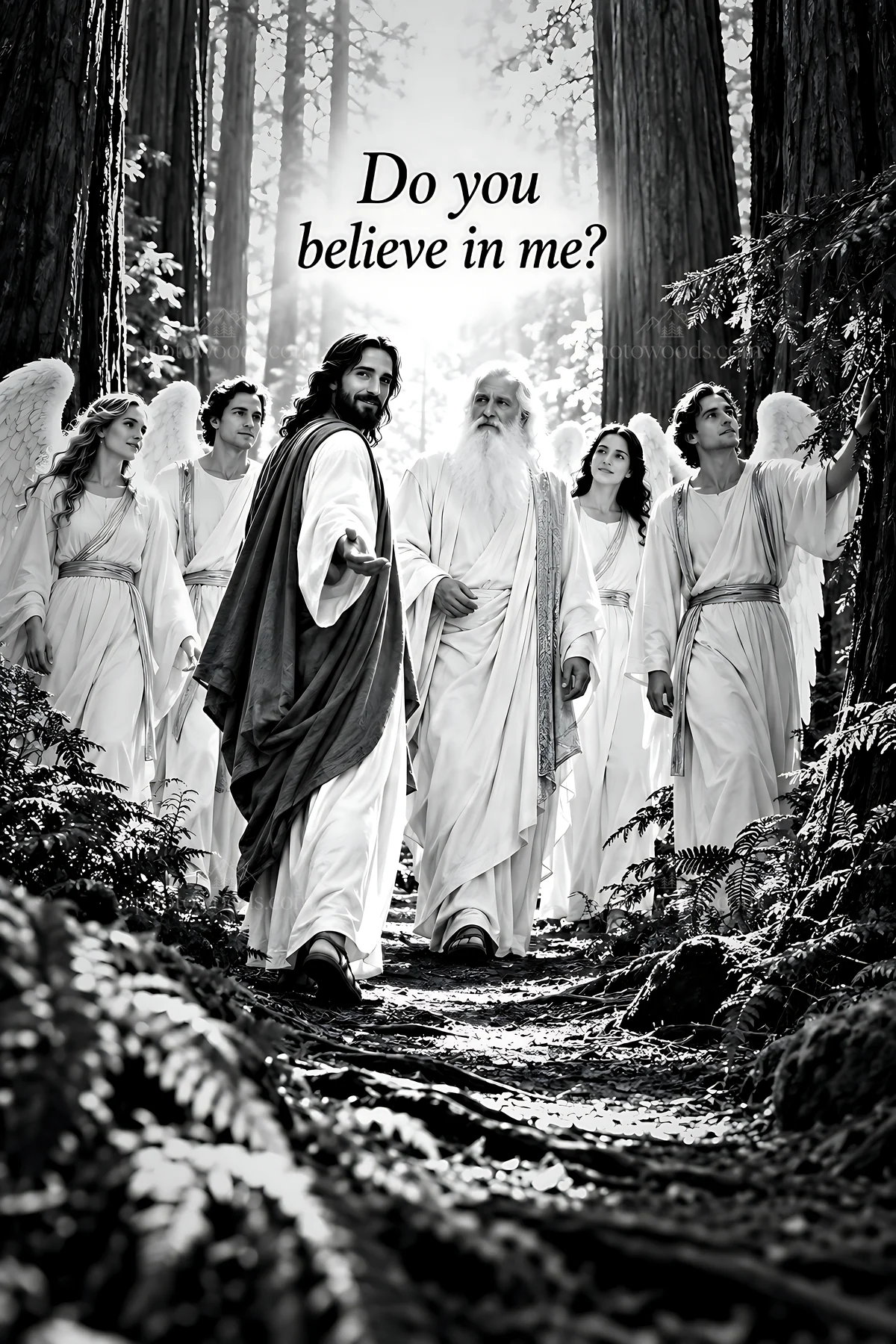 Do you believe in me quote with figures in a forest - AI-generated stock image
