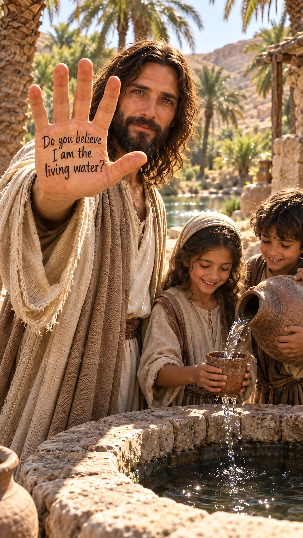 Jesus Christ offering living water to children - AI-generated stock image