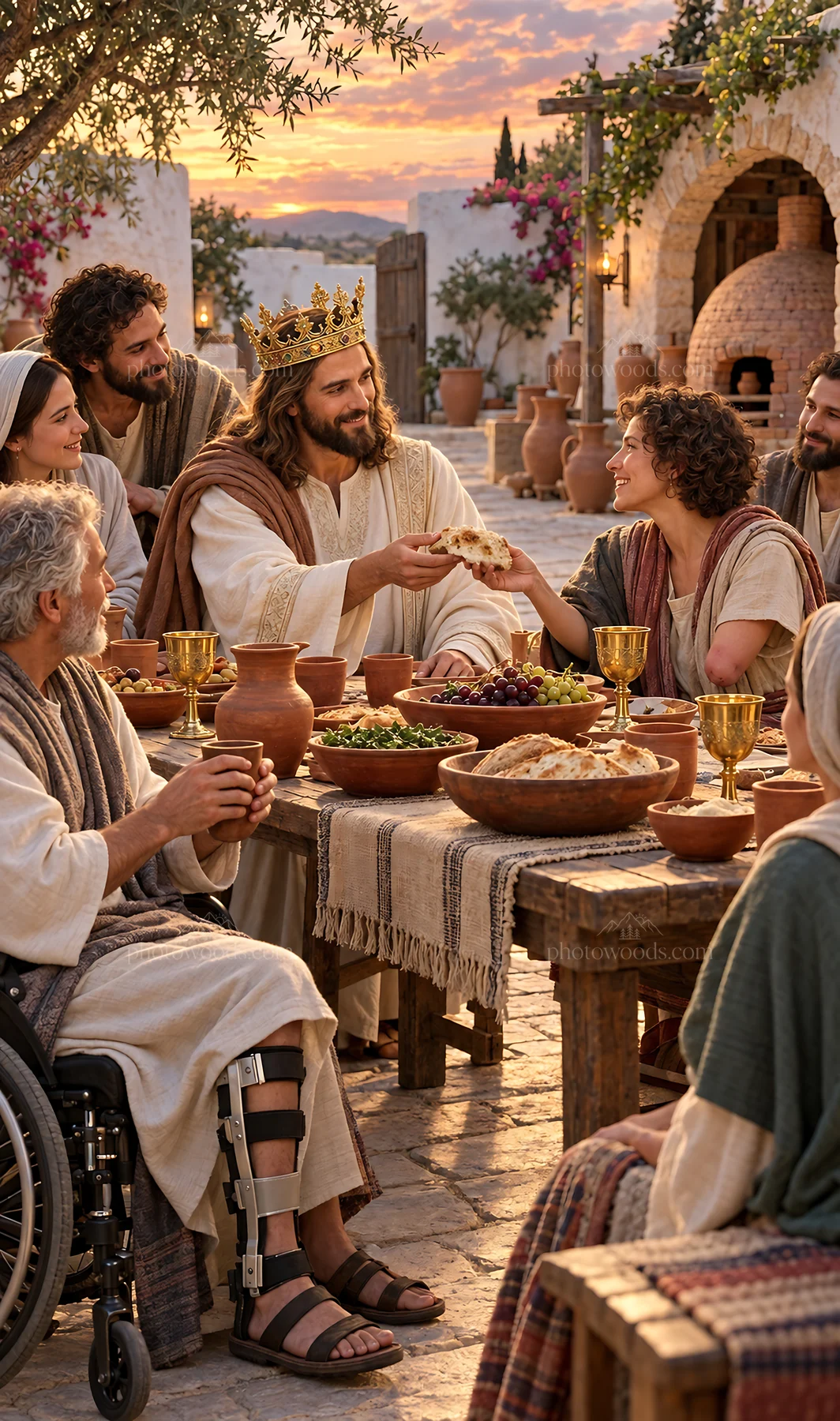 Jesus Christ sharing a meal with followers - AI-generated stock image