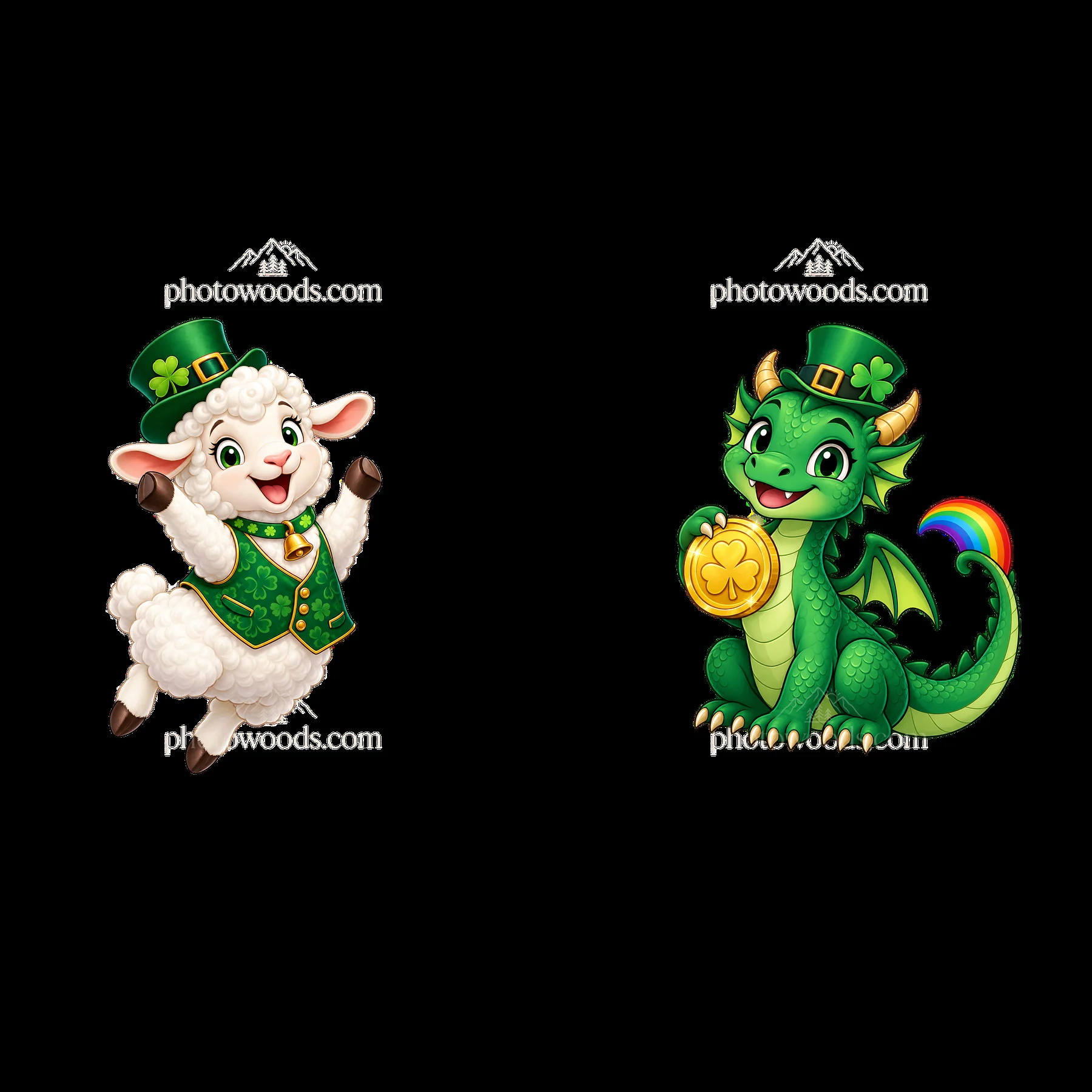 Lamb and dragon characters celebrating St. Patrick's Day - AI-generated stock image