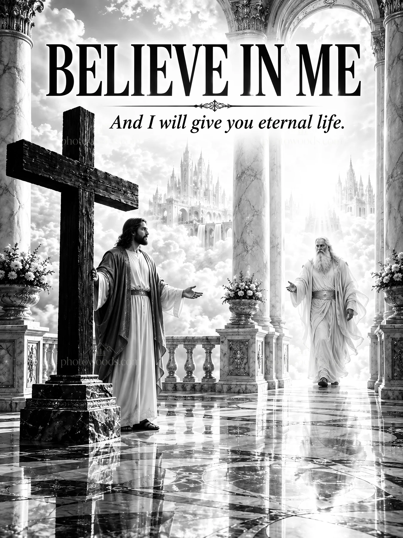 Jesus Christ offers eternal life in a heavenly scene - AI-generated stock image
