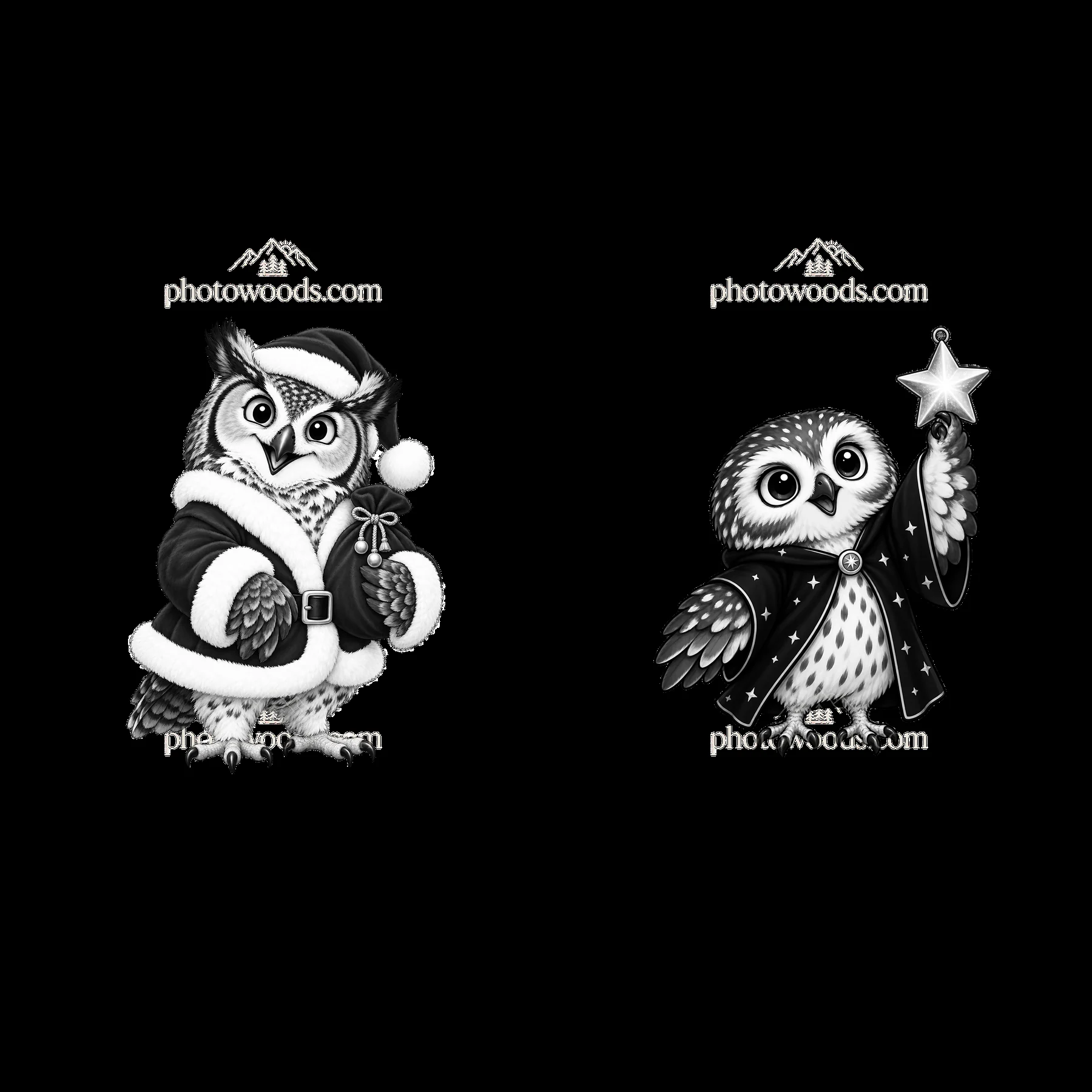 Christmas owls in festive outfits with accessories - AI-generated stock image