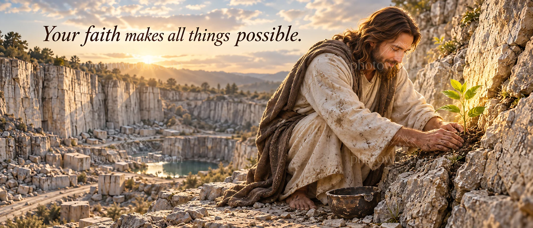 Jesus Christ planting a seed in a stone quarry - AI-generated stock image