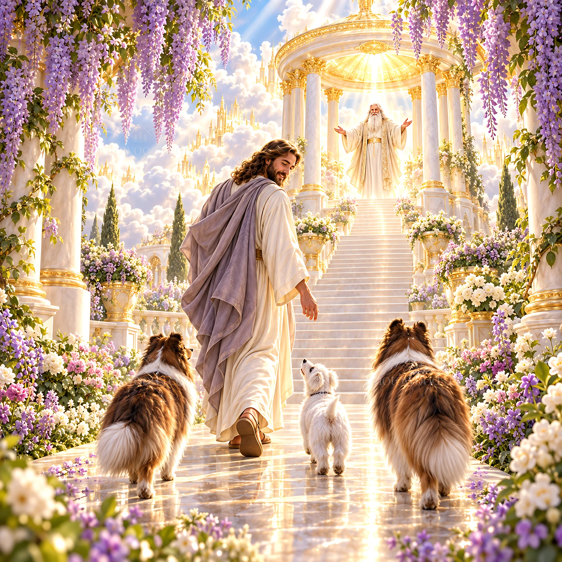 Jesus Christ walking with dogs in a beautiful garden - AI-generated stock image