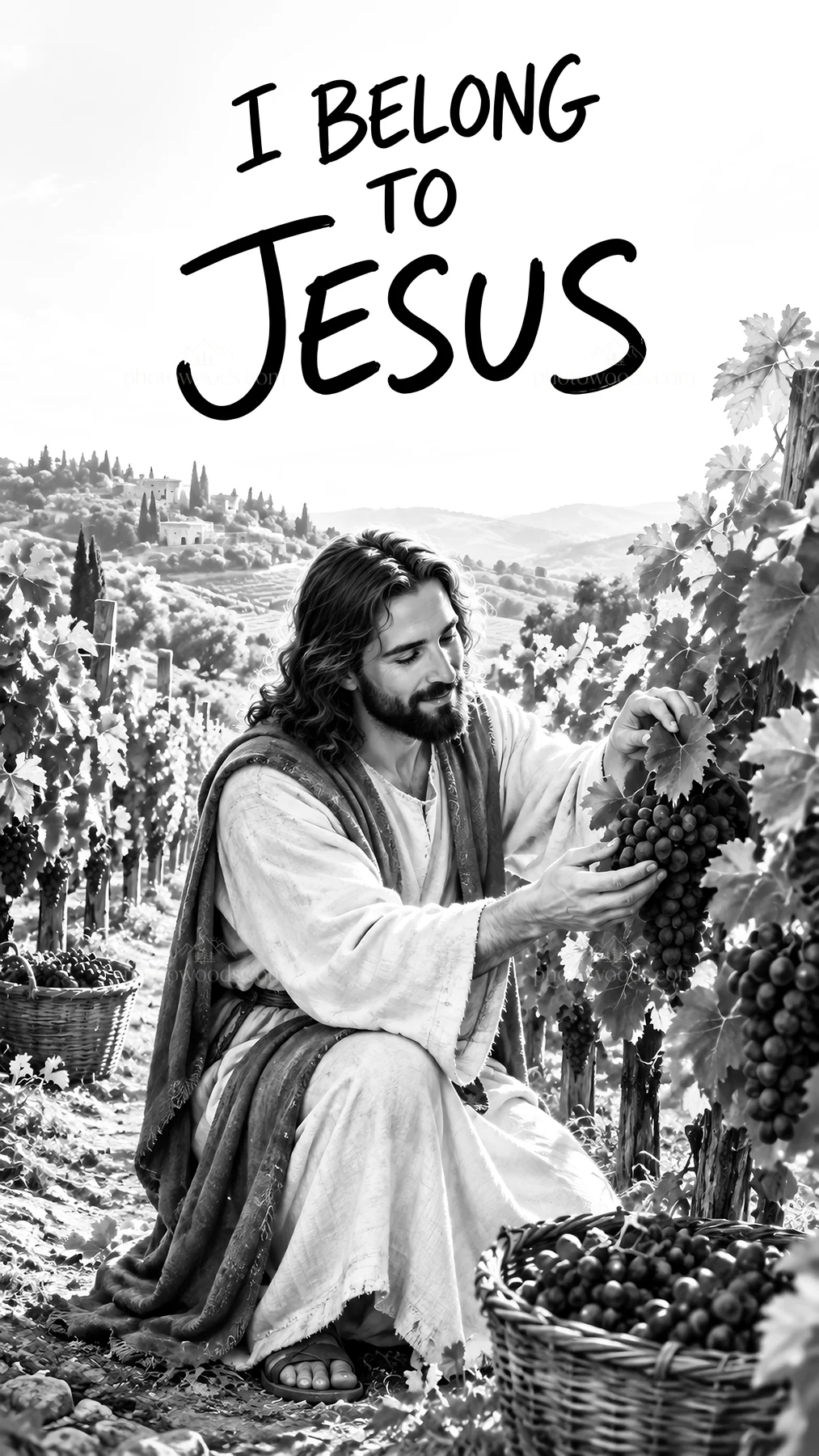 Jesus Christ tending to grapes in a vineyard - AI-generated stock image