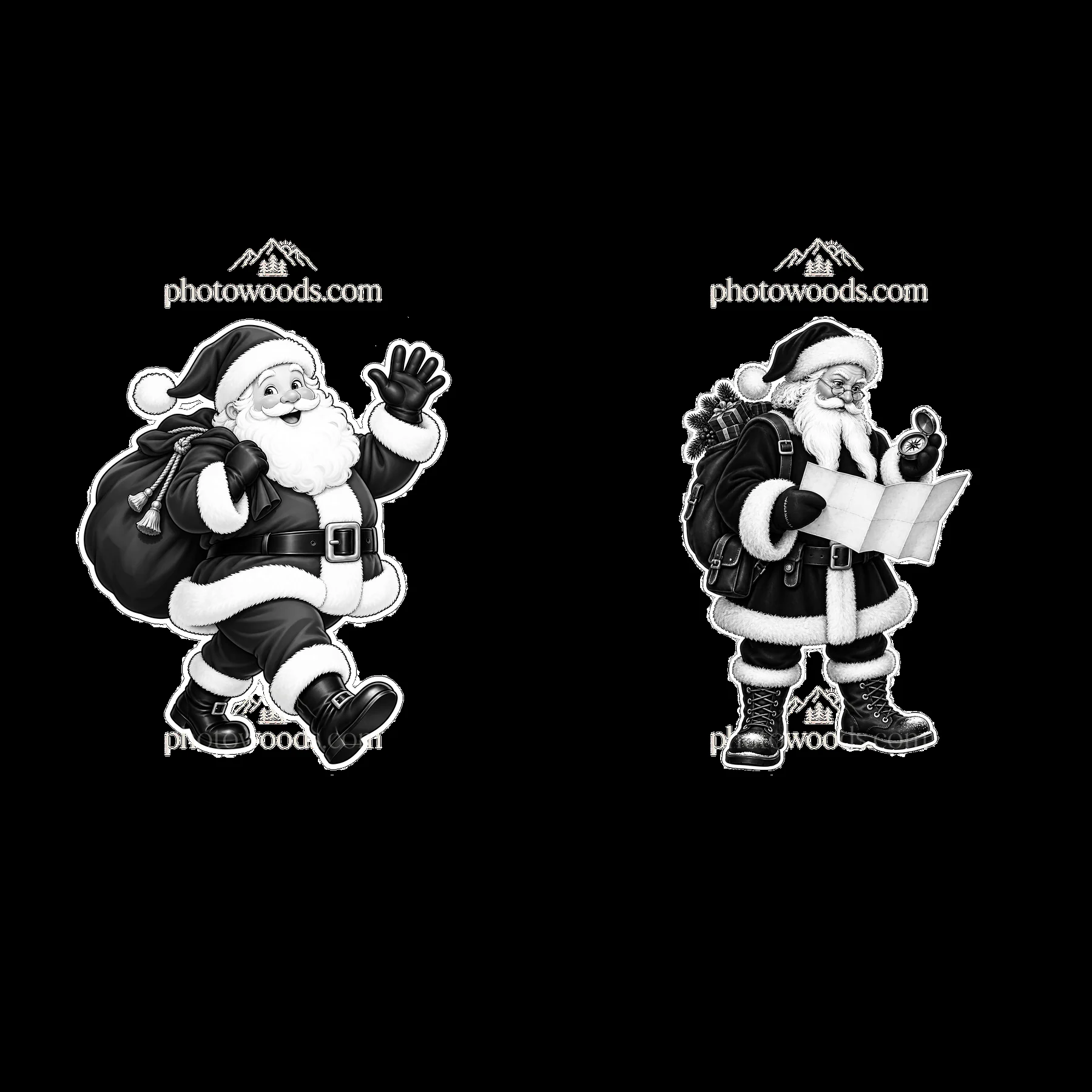 Santa Claus carrying a bag and checking a list in black and white - AI-generated stock image