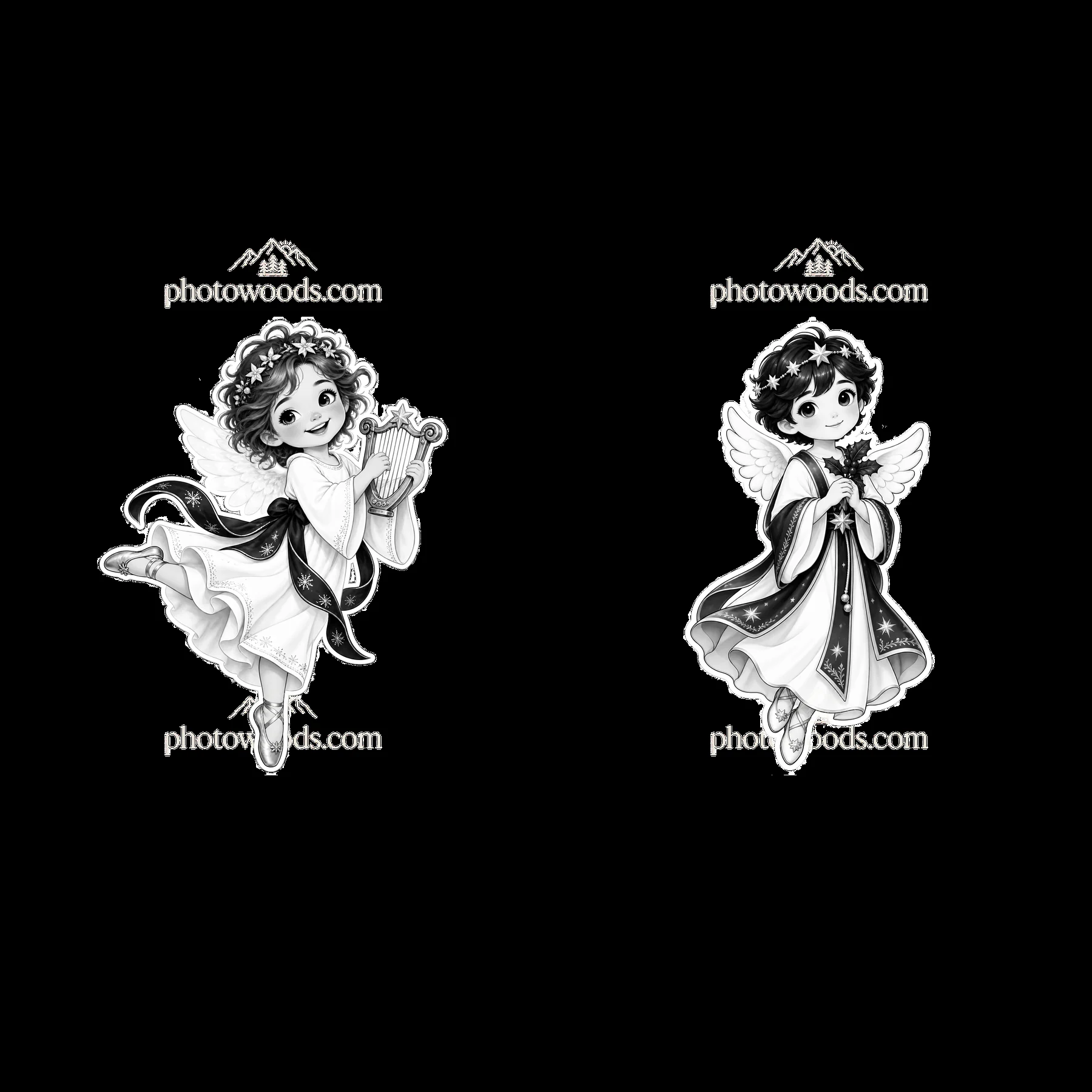 Christ Child cartoon angels playing harp and holding flowers - AI-generated stock image