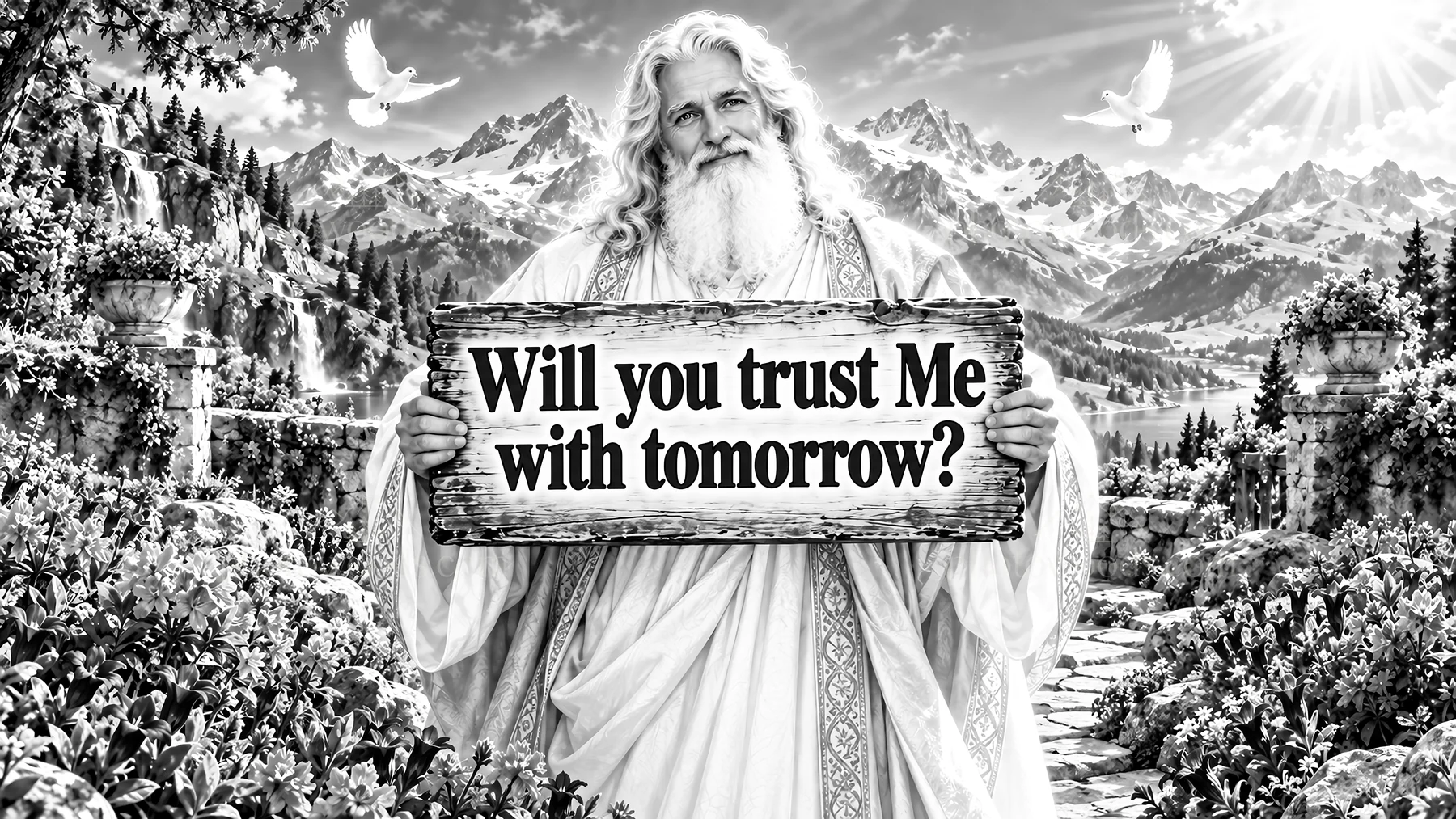 Jesus Christ holds a sign asking for trust in Him - AI-generated stock image