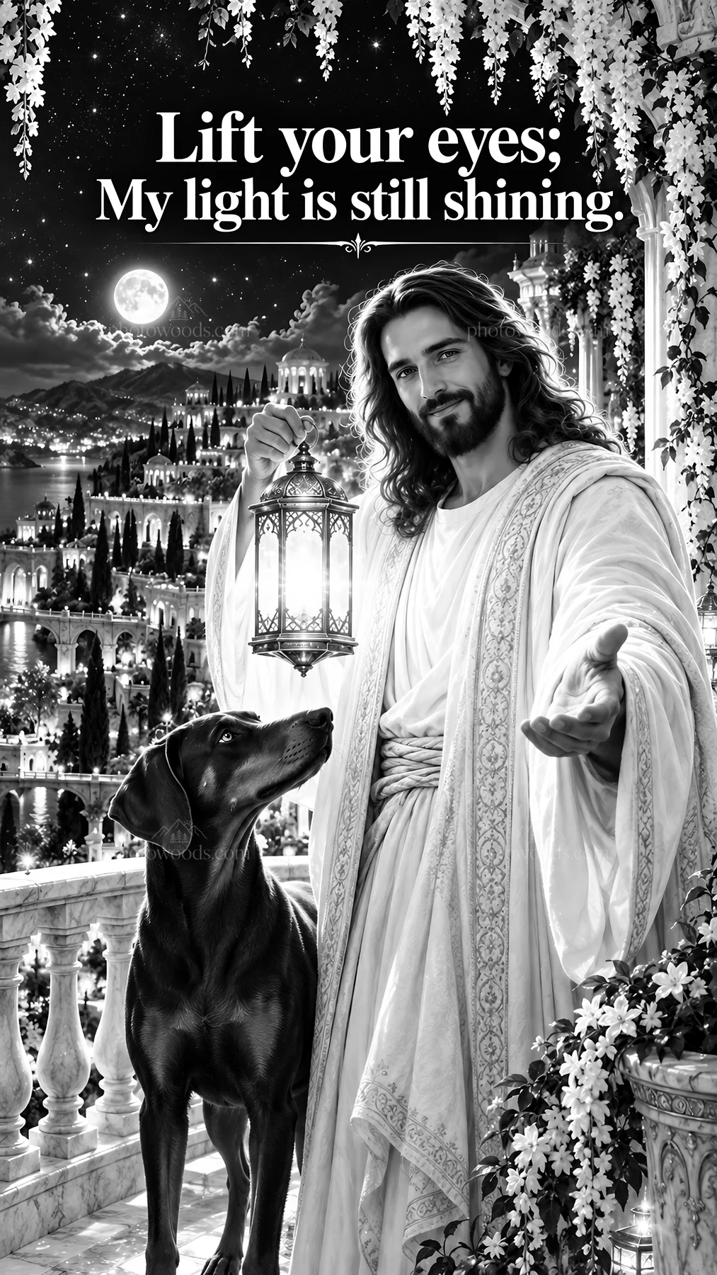 Jesus Christ holding a lantern with a dog in a garden setting - AI-generated stock image