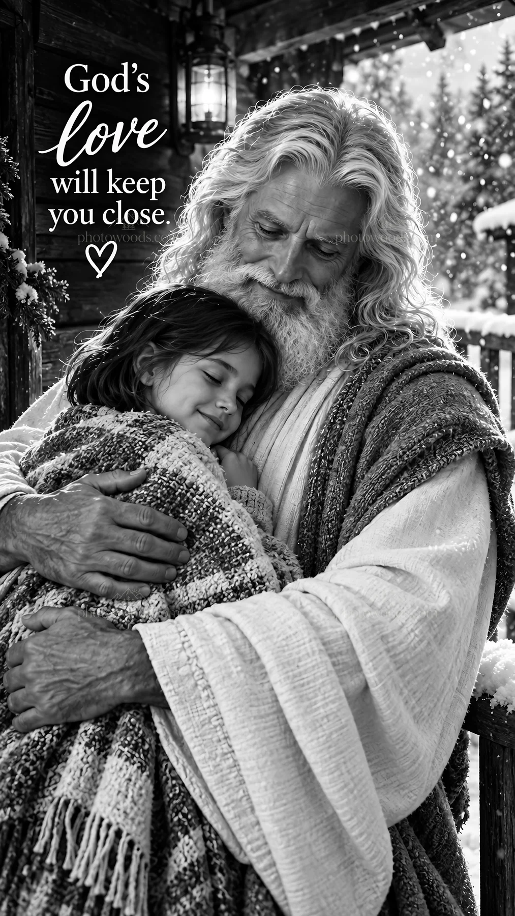 Jesus Christ comforting a child in a snowy setting - AI-generated stock image