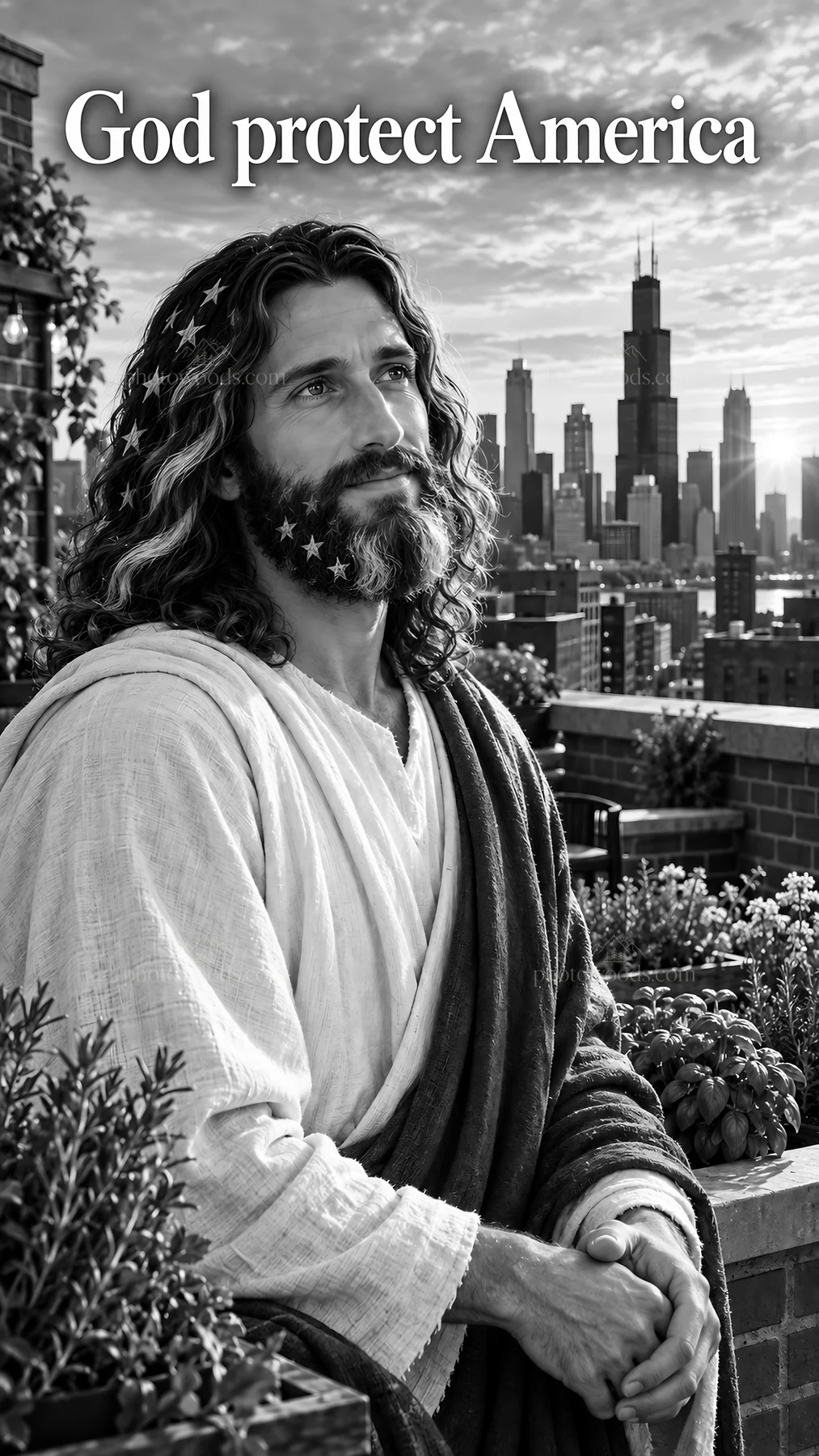 Jesus Christ watching over America - AI-generated stock image