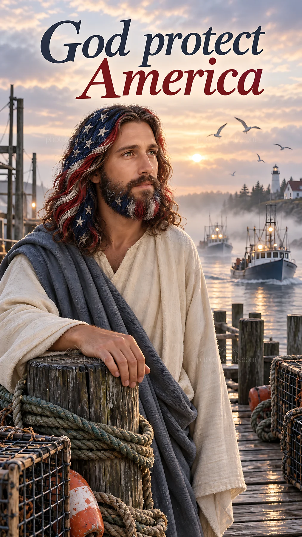 Jesus Christ standing by the water with a message of hope - AI-generated stock image