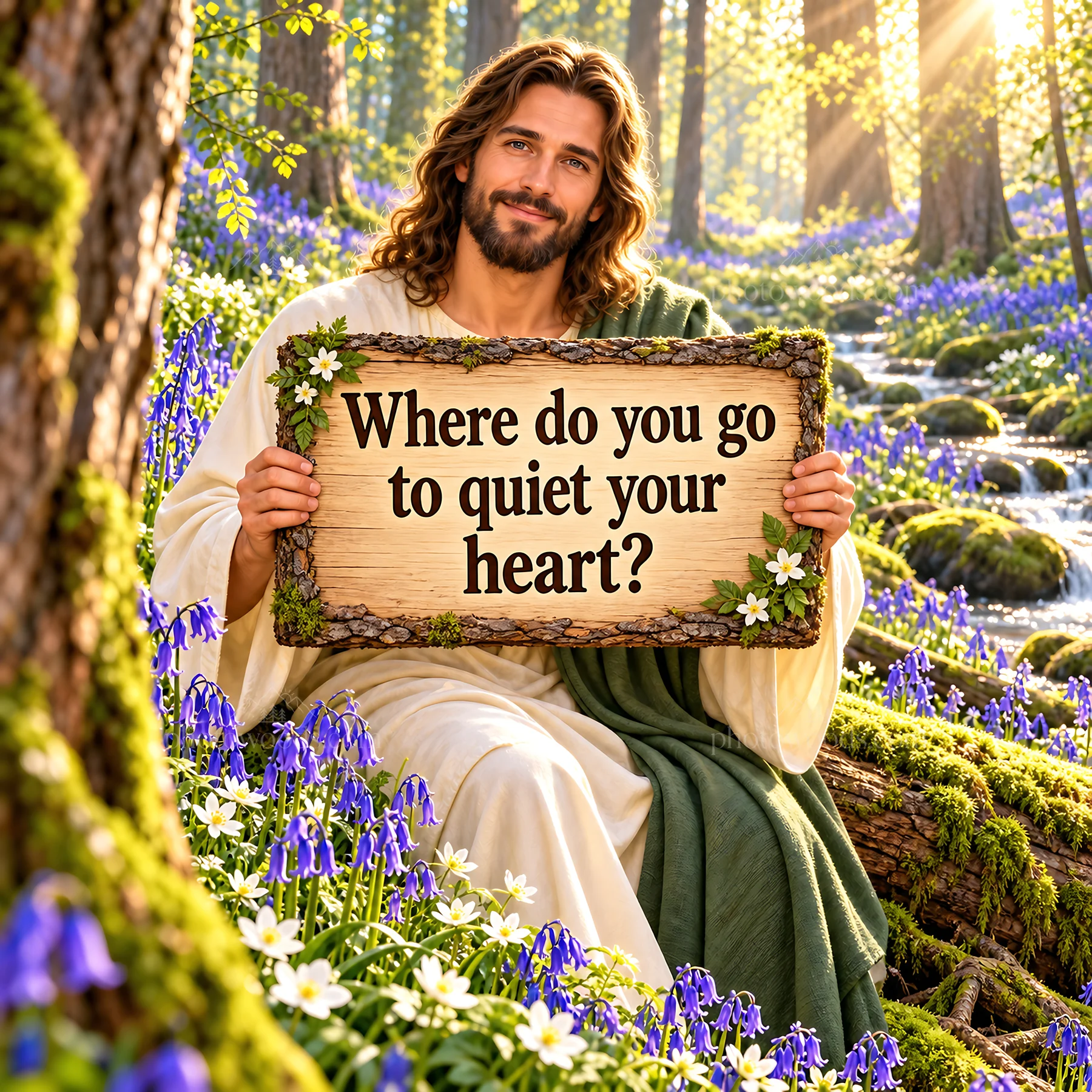 Jesus Christ holding a sign in a peaceful forest setting - AI-generated stock image