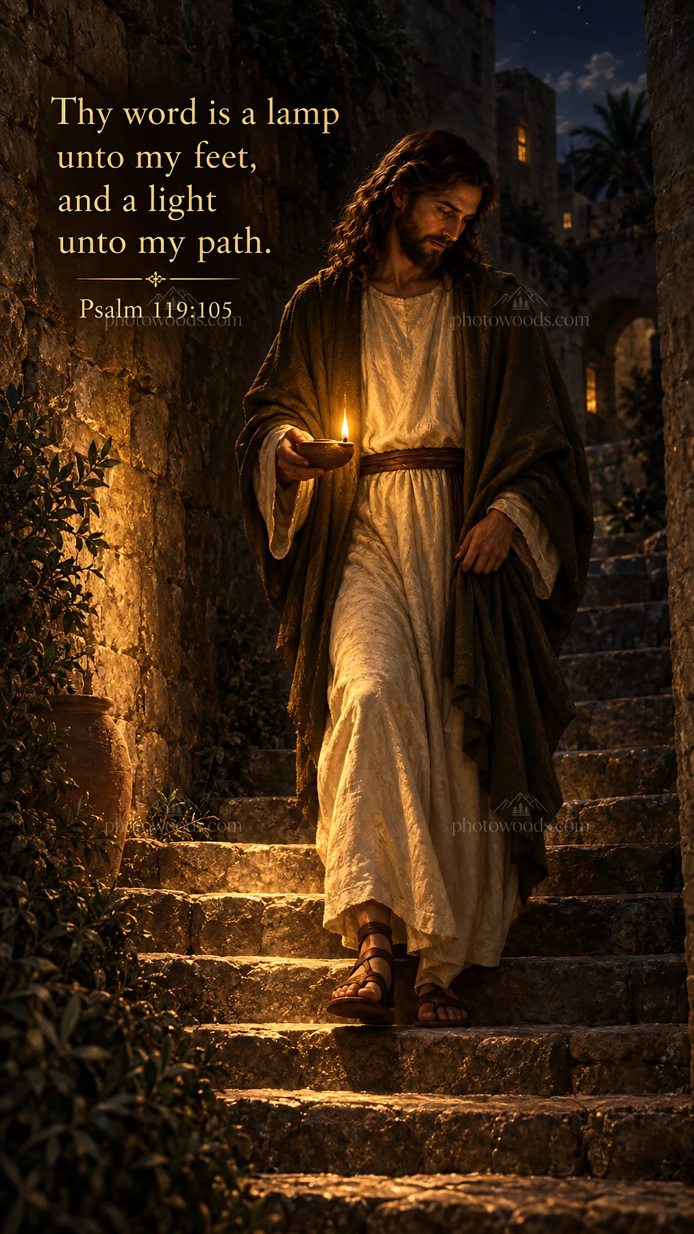 Jesus Christ walking with a lamp in a lighted path - AI-generated stock image