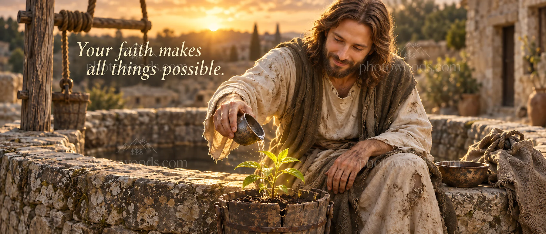 Jesus Christ watering a plant by a well - AI-generated stock image