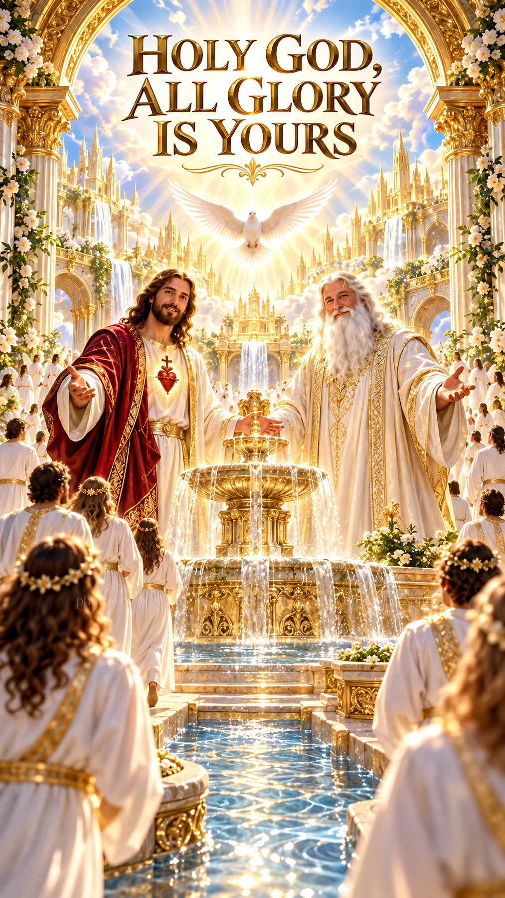 Jesus Christ and God welcoming worshipers in a heavenly setting - AI-generated stock image