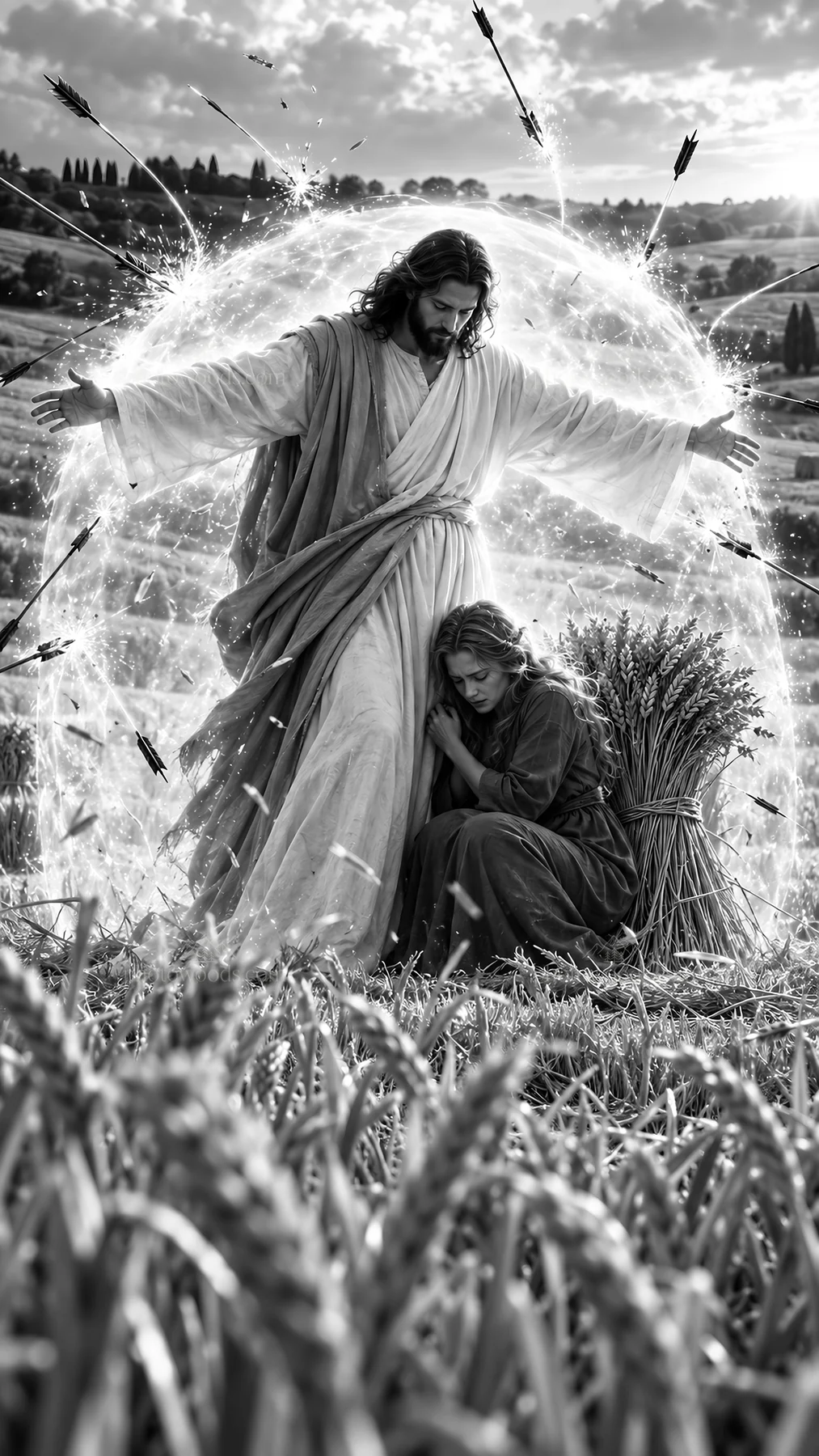 Jesus Christ comforting a woman in a wheat field - AI-generated stock image