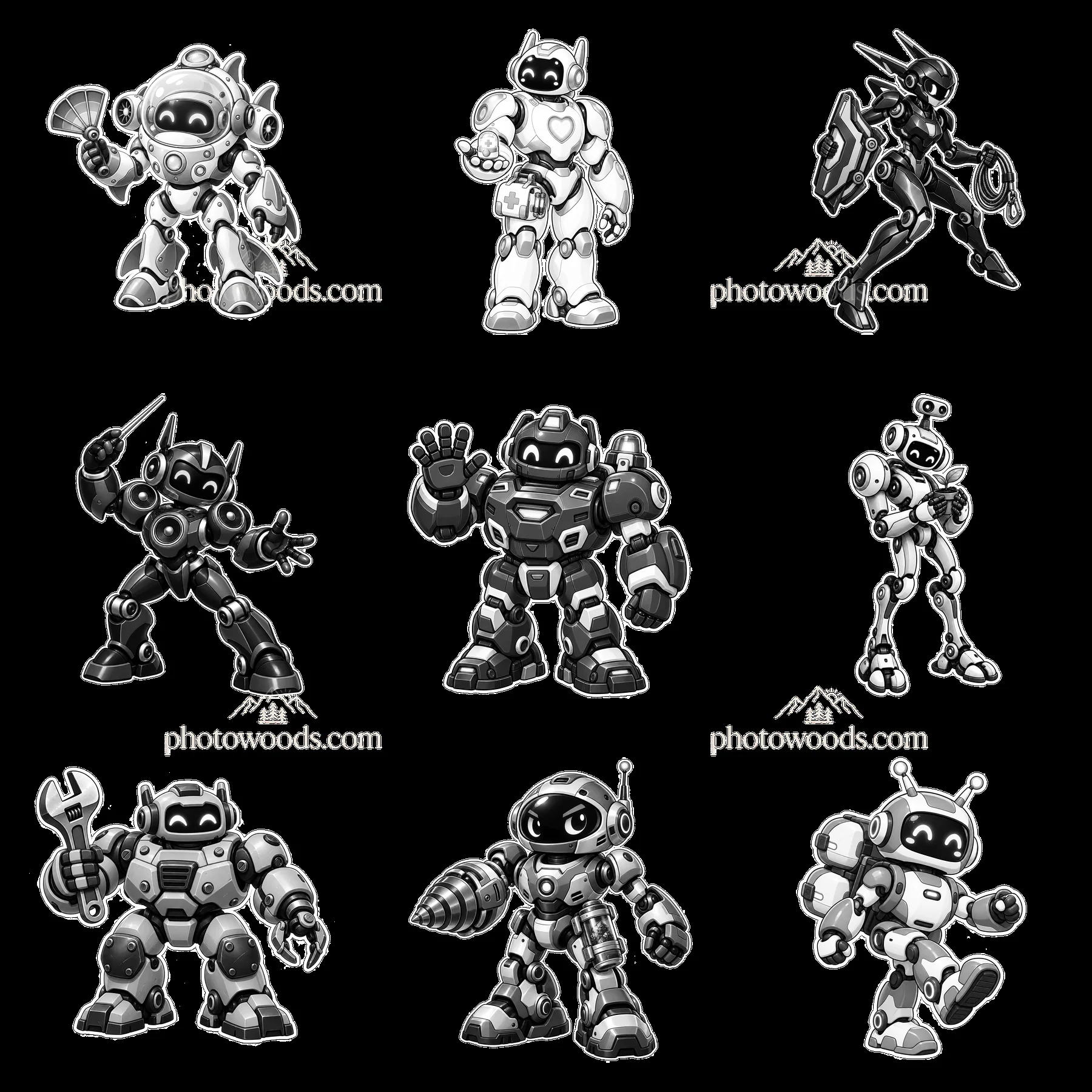 Nine mech robots in a 3x3 grid with various accessories - AI-generated stock image