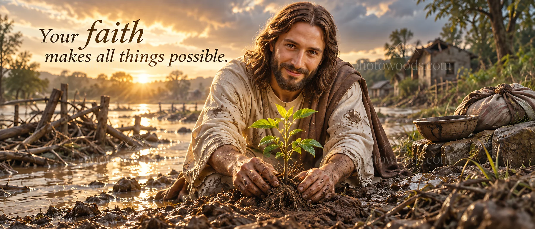 Jesus Christ planting a seed in a field at sunset - AI-generated stock image