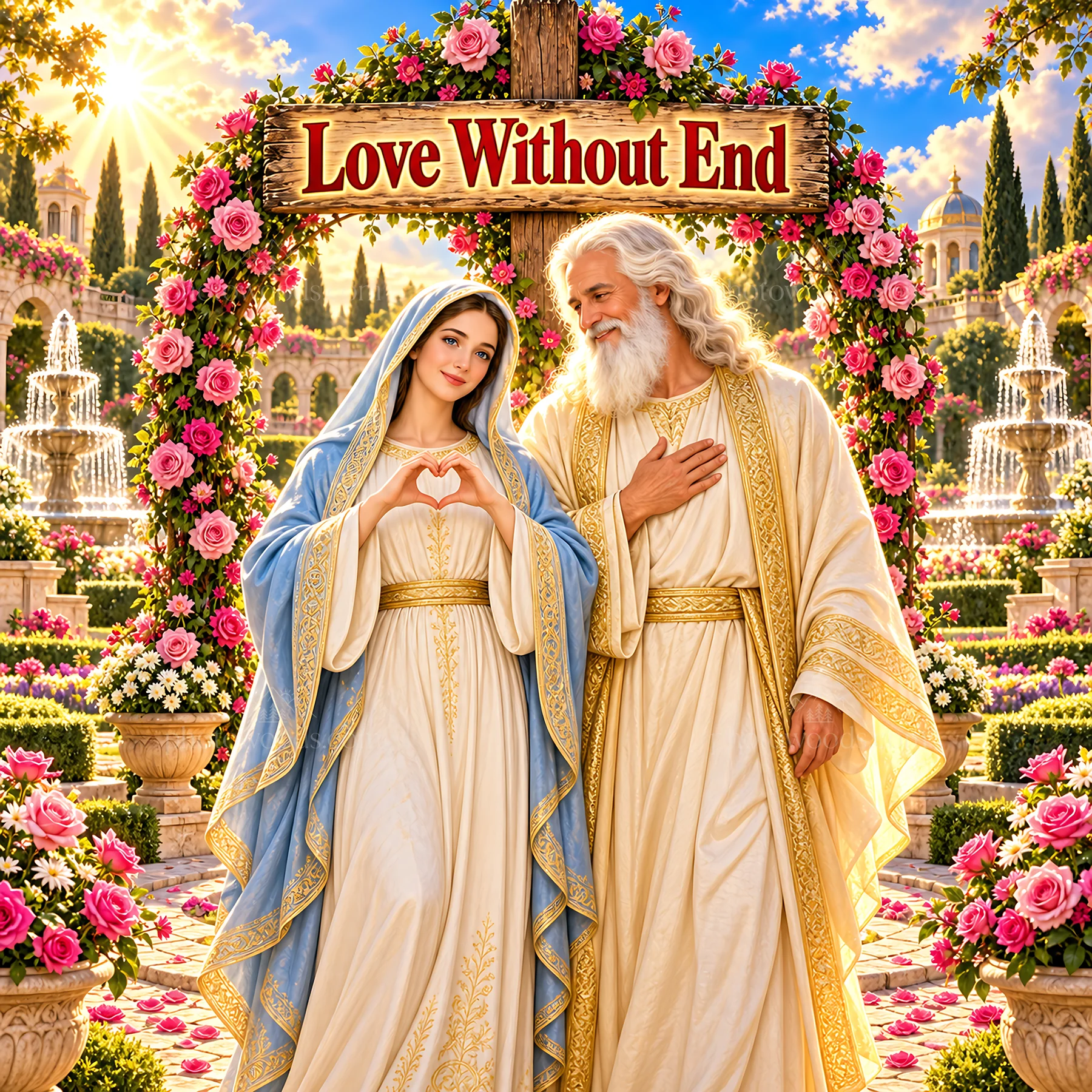 Jesus Christ and Mary share love in a garden setting - AI-generated stock image