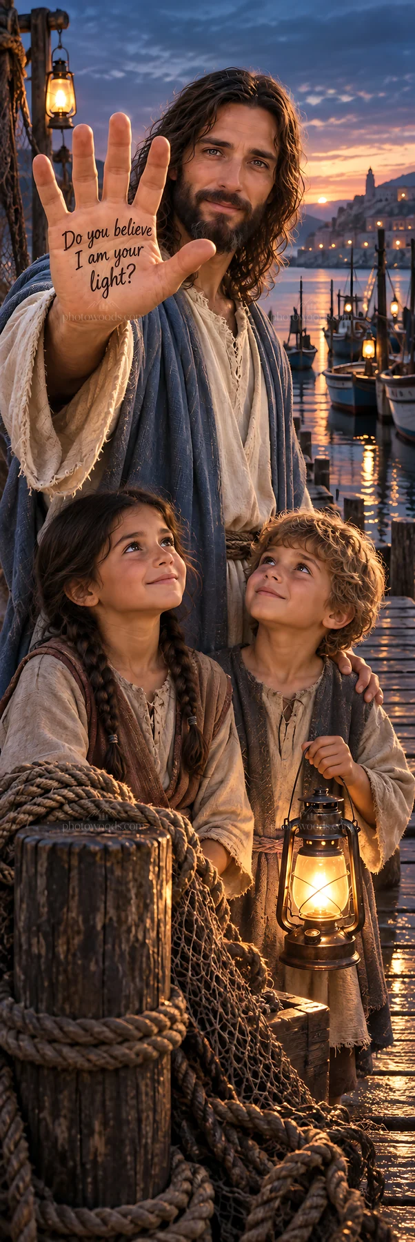 Jesus Christ guiding children with light in a harbor setting - AI-generated stock image