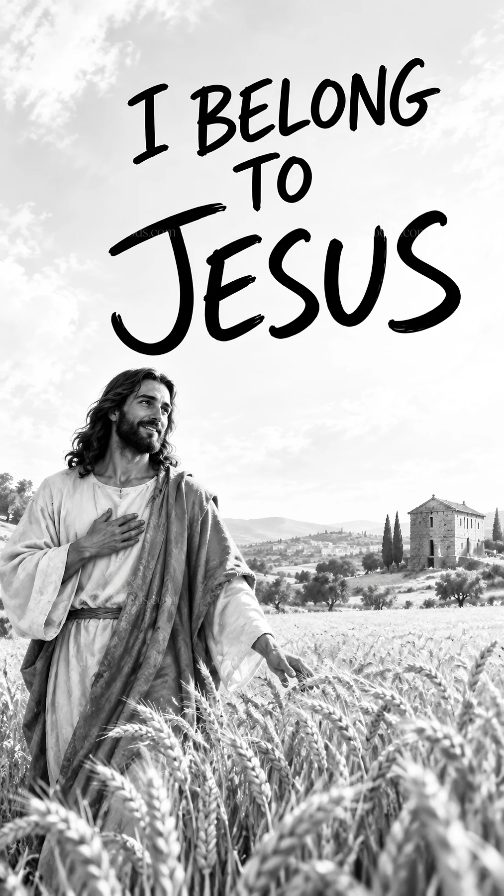 Jesus Christ walking through a wheat field with open arms - AI-generated stock image