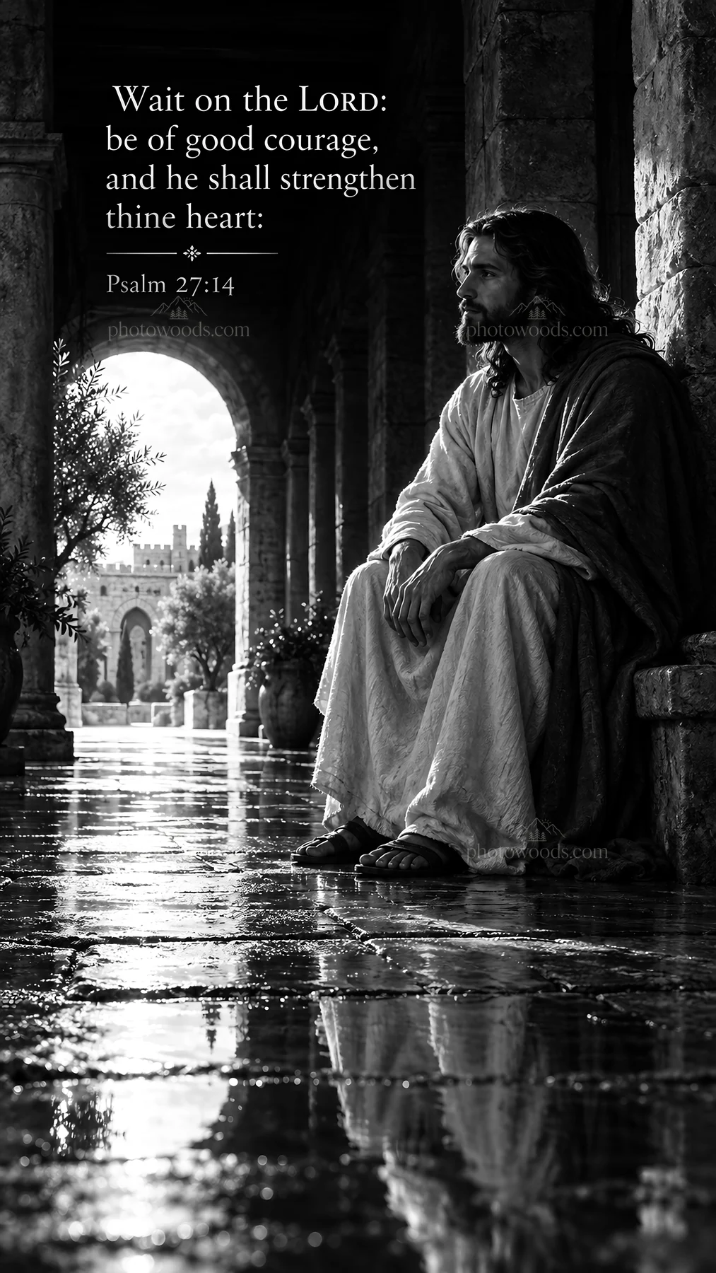 Jesus Christ waiting and reflecting in a peaceful setting - AI-generated stock image
