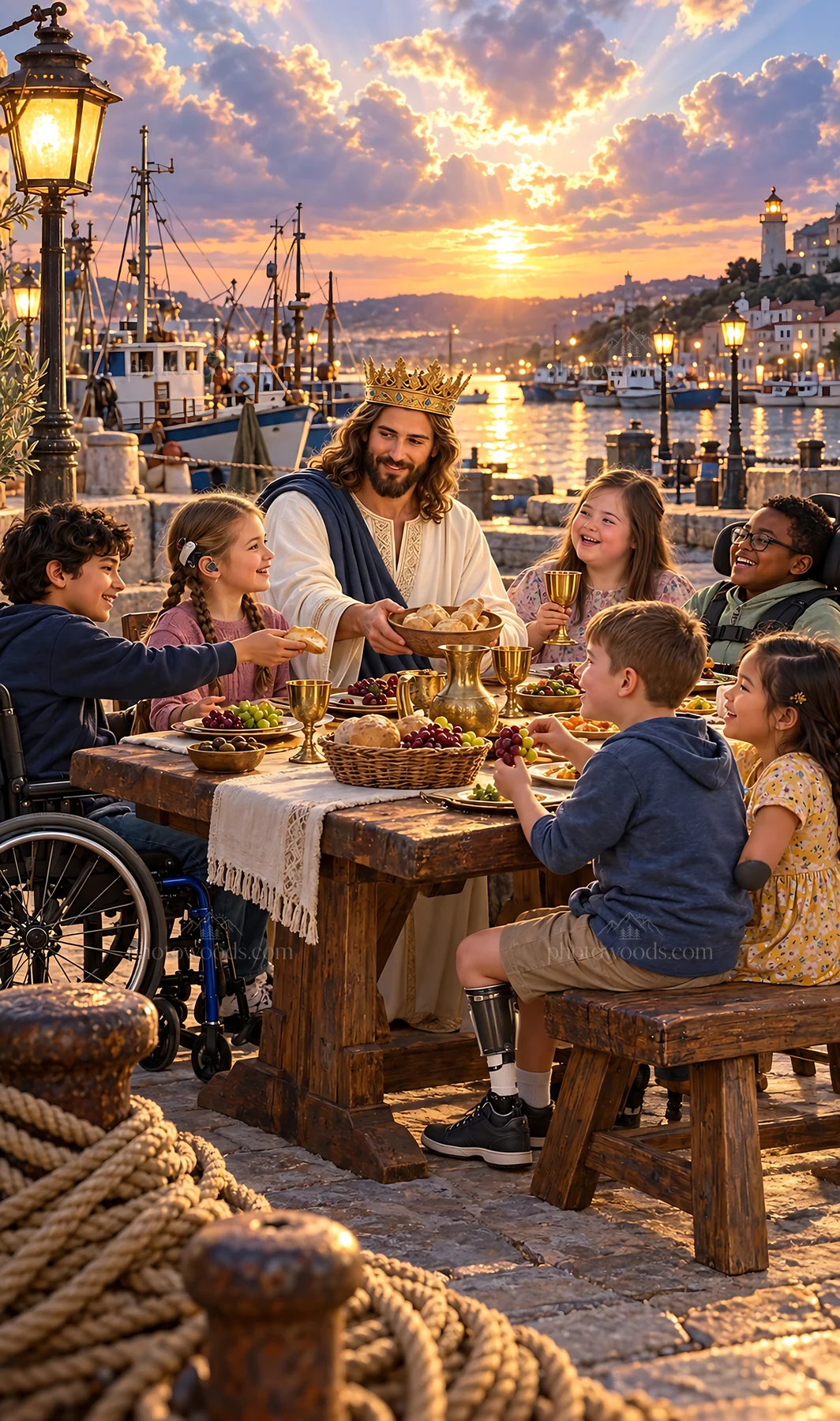 Jesus Christ sharing a meal with children by the waterfront - AI-generated stock image