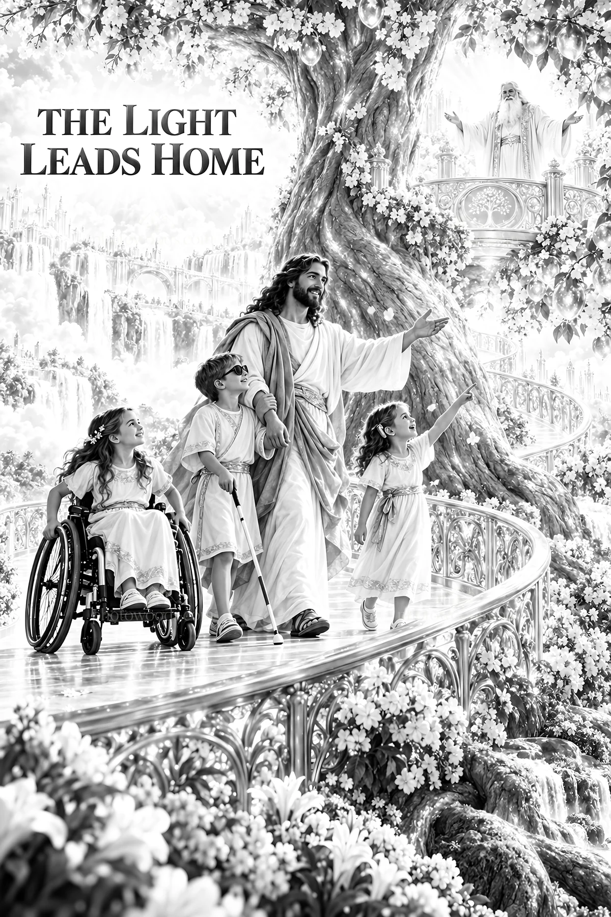 Jesus Christ guiding children on a joyful path - AI-generated stock image