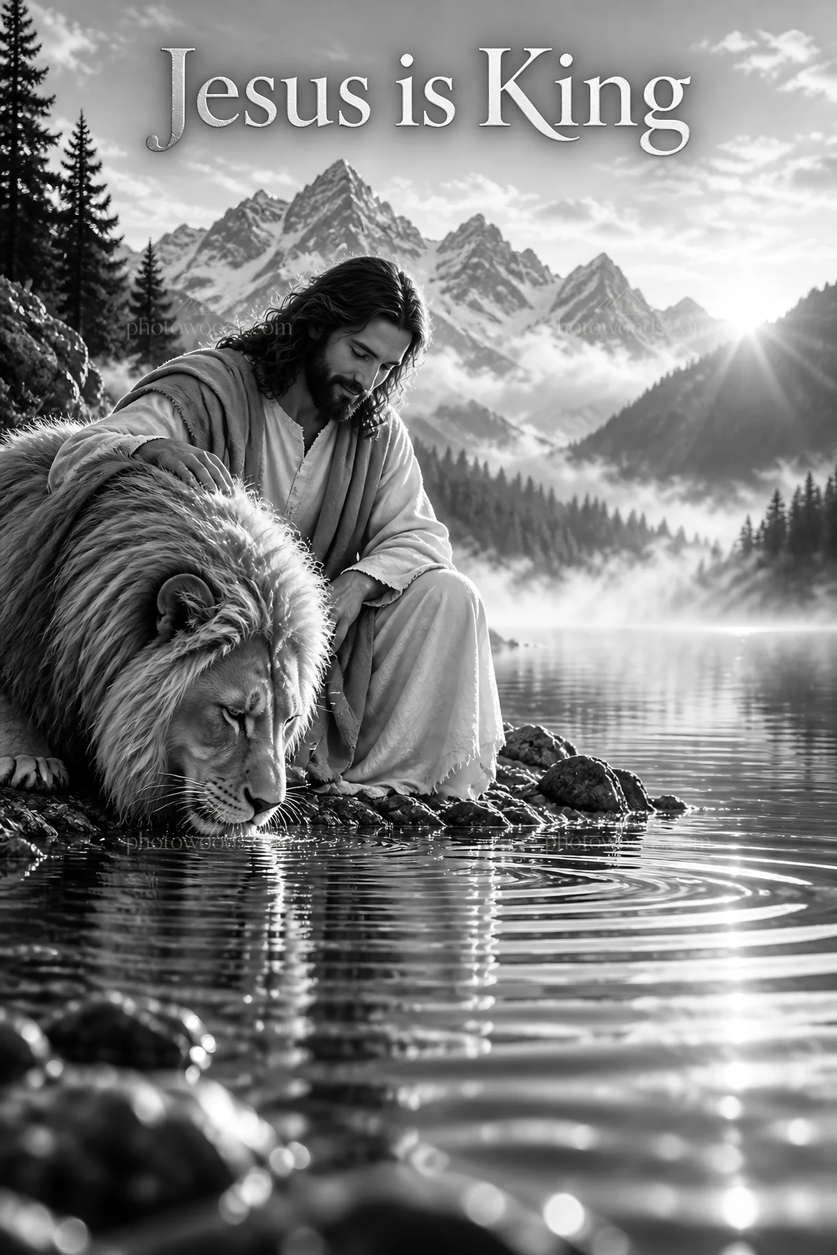 Jesus Christ with a lion by a serene lake - AI-generated stock image