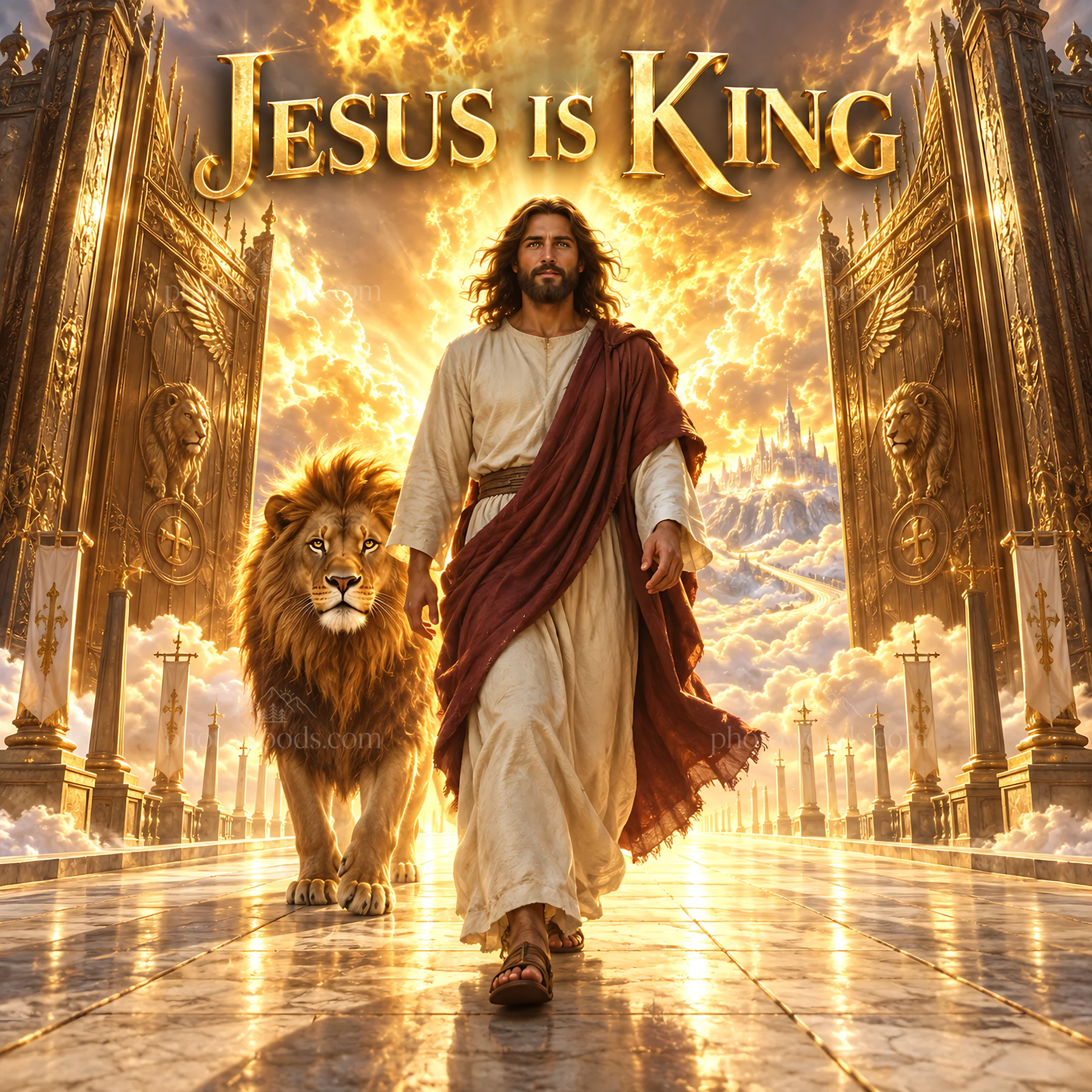 Jesus Christ walking with a lion in a grand setting - AI-generated stock image