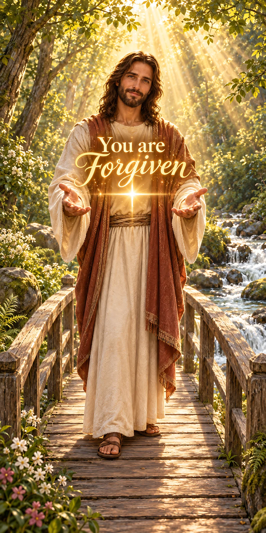 Jesus Christ offers forgiveness in a garden setting - AI-generated stock image