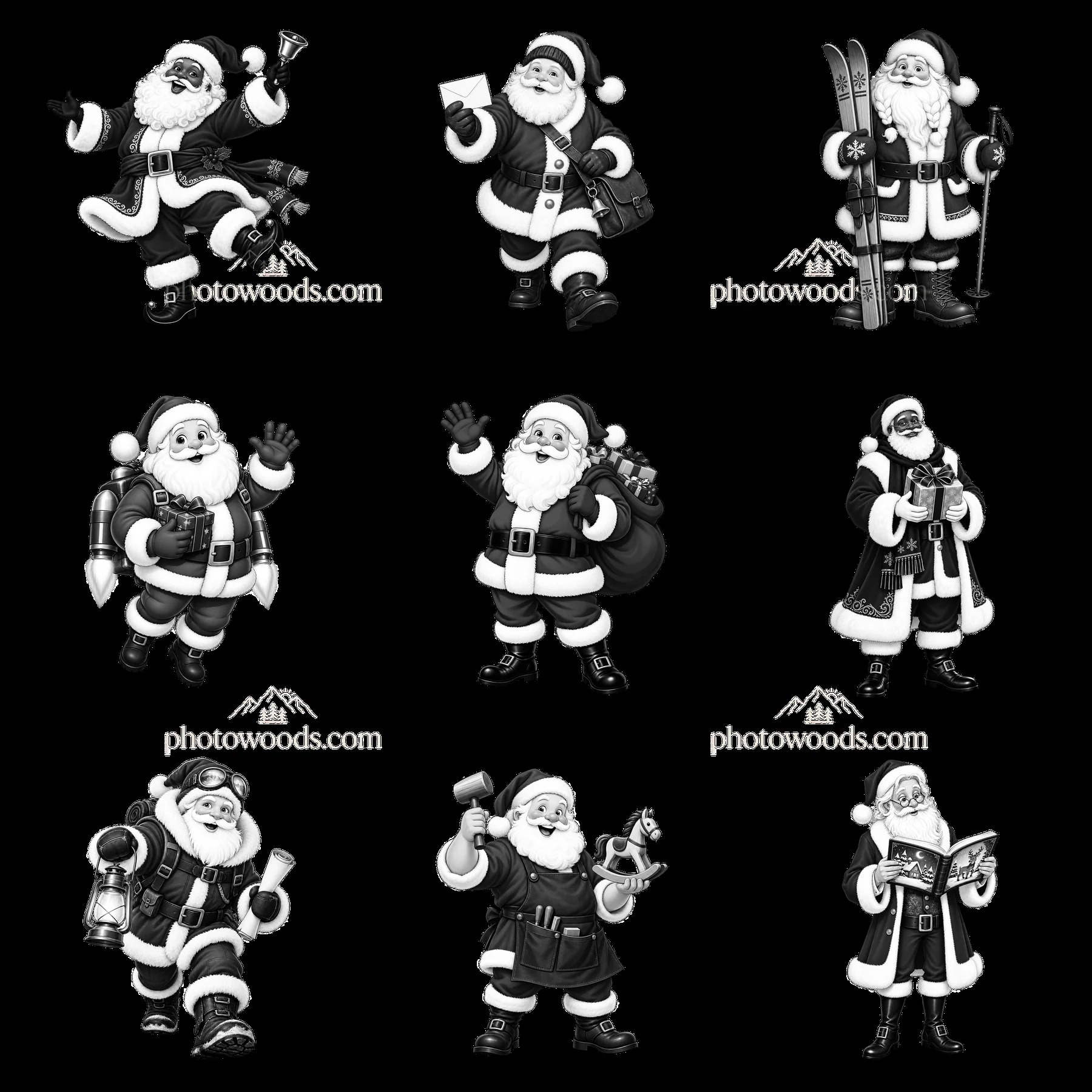 Santa Claus in various activities and poses in black and white - AI-generated stock image