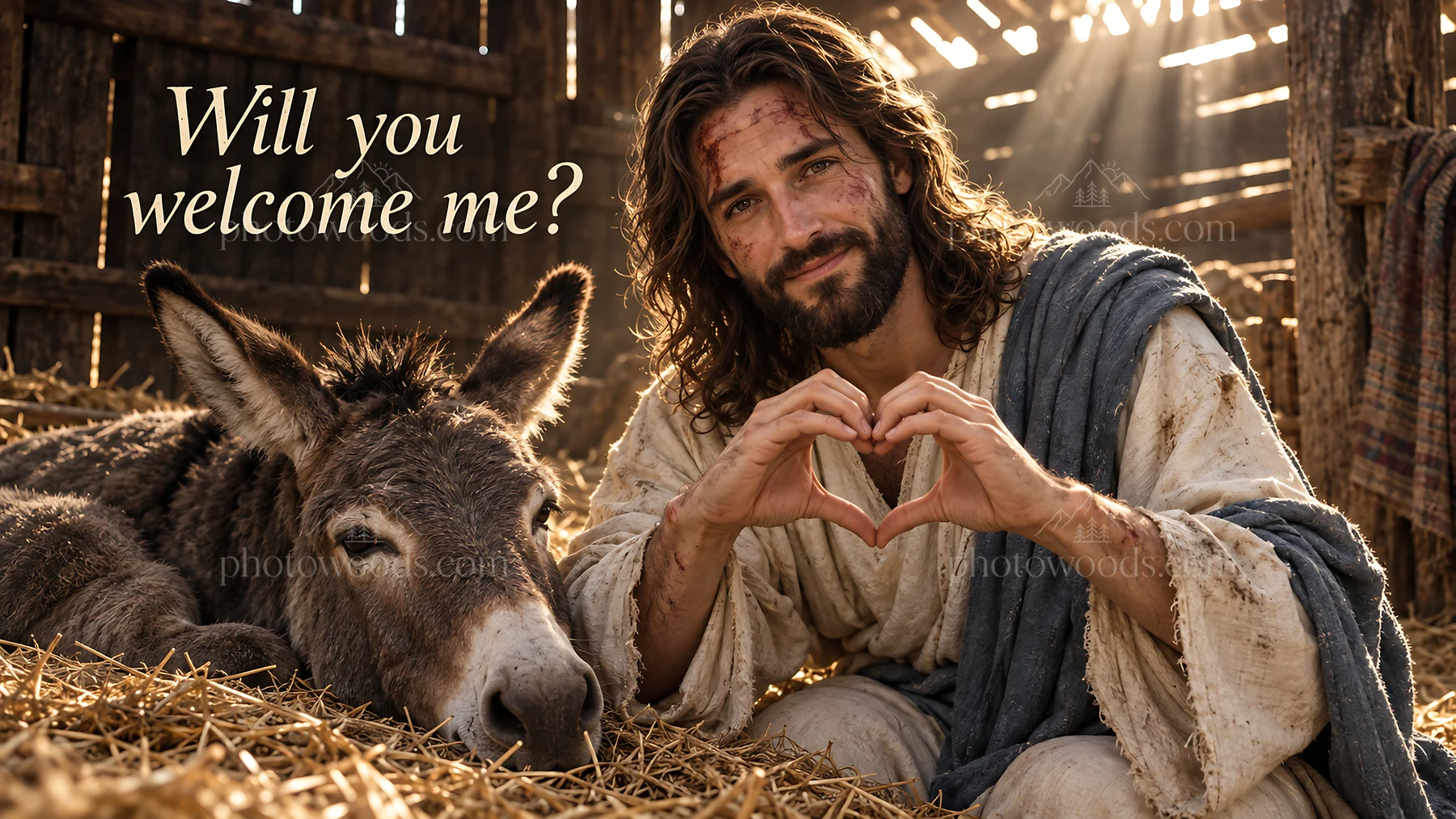 Jesus Christ sharing love with a donkey - AI-generated stock image