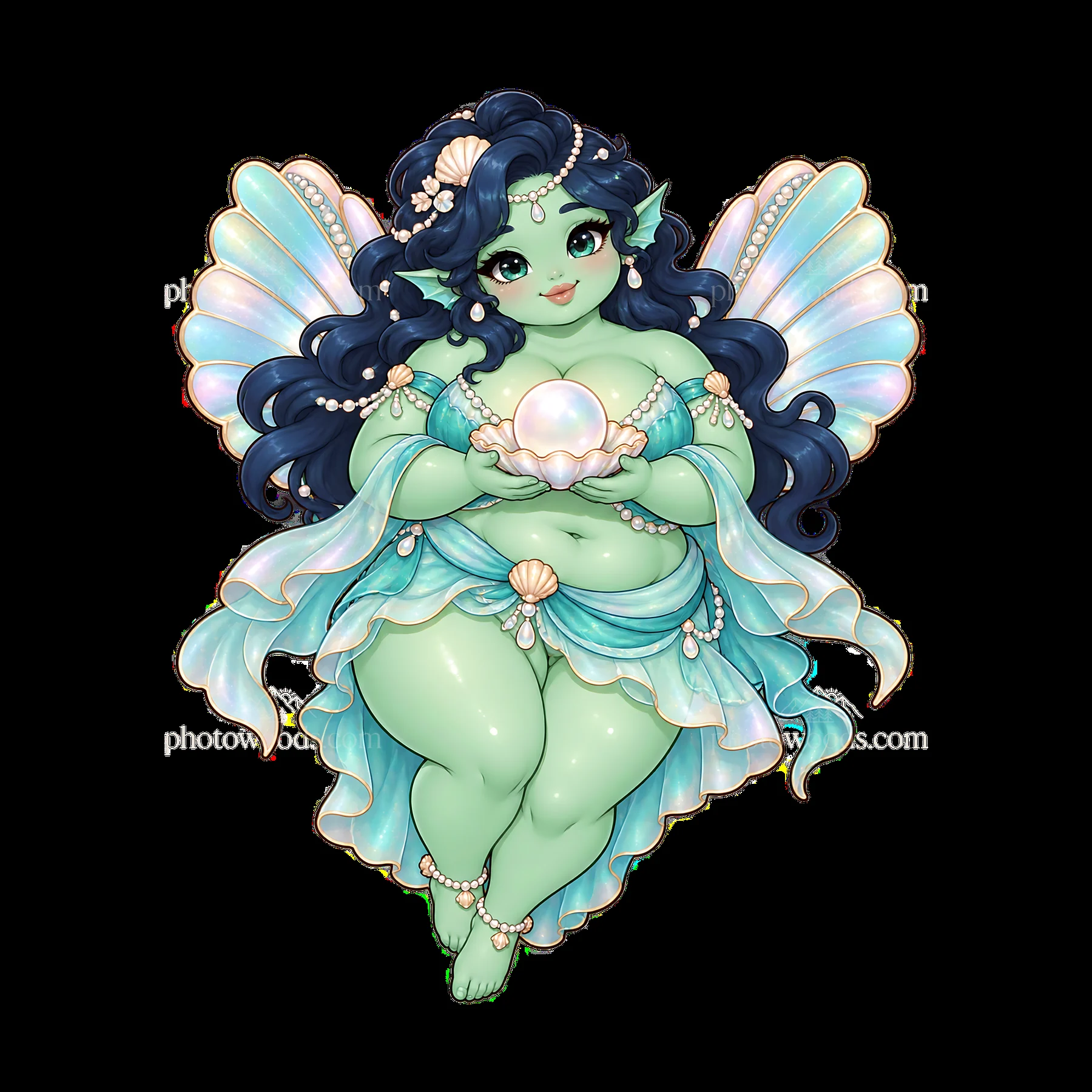 Kawaii ultra-fat fairy holding a pearl with seashell details - AI-generated stock image