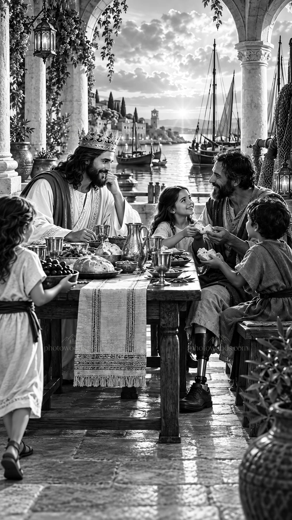 Jesus Christ sharing a meal with disciples by the waterside - AI-generated stock image