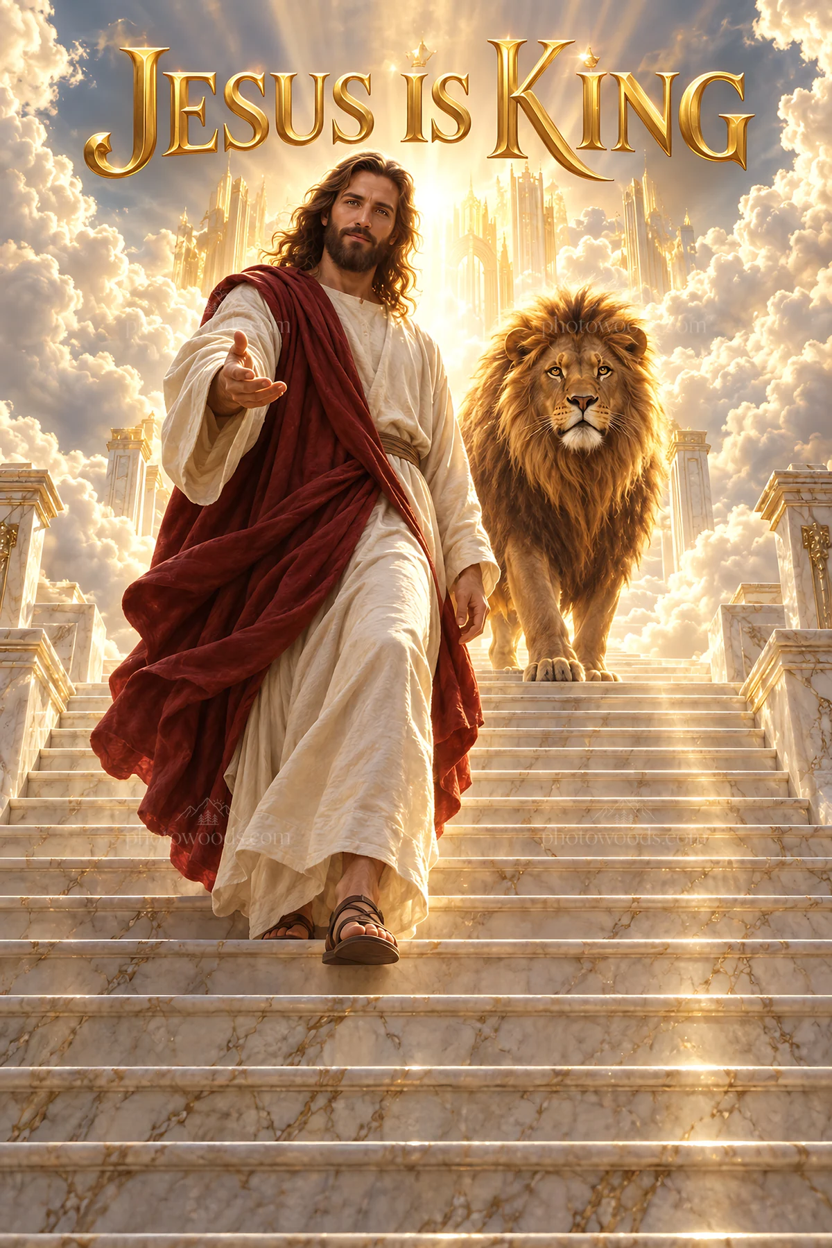 Jesus Christ welcoming with a lion in a heavenly setting - AI-generated stock image