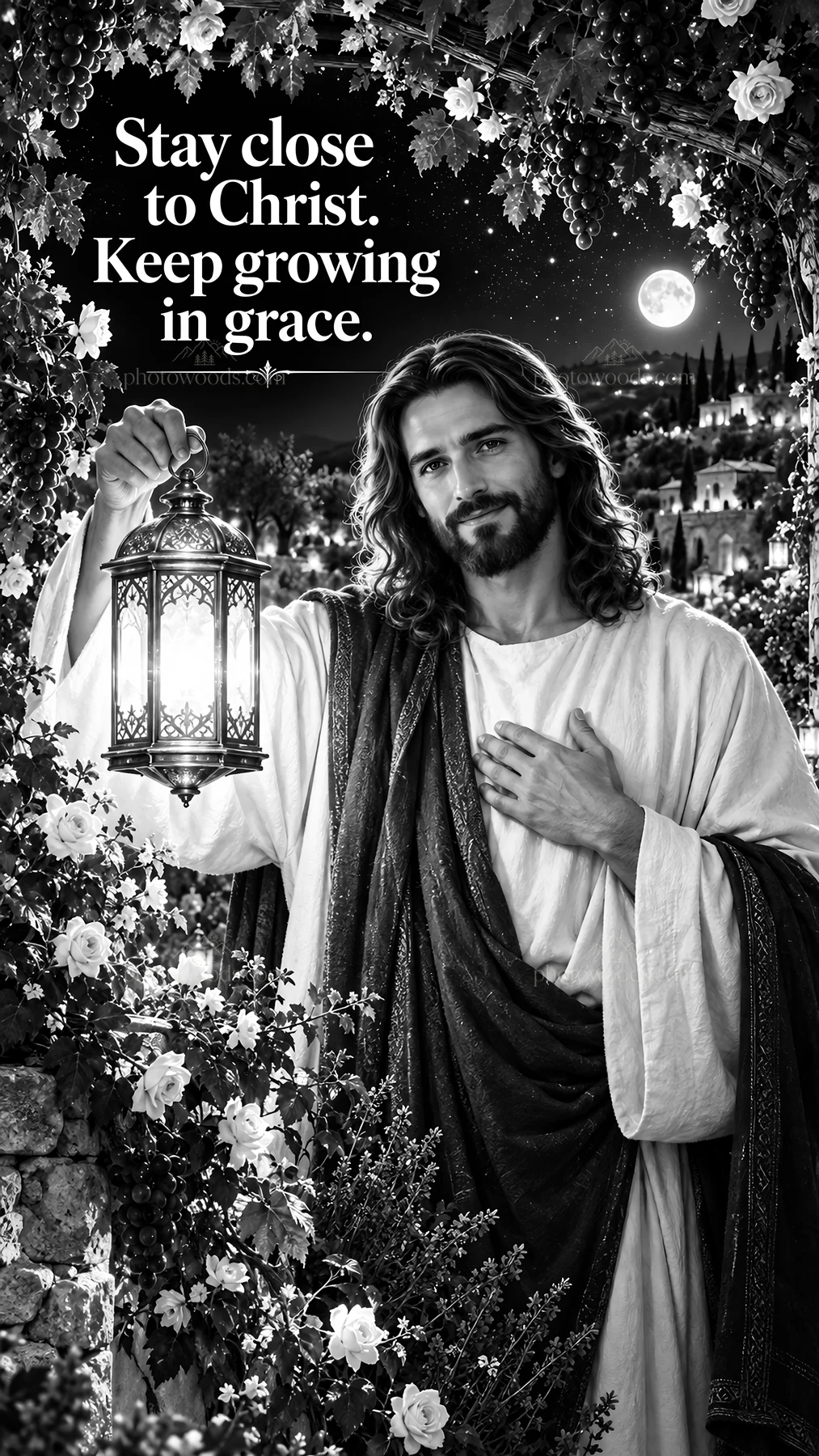 Jesus Christ holds a lantern while welcoming the viewer - AI-generated stock image
