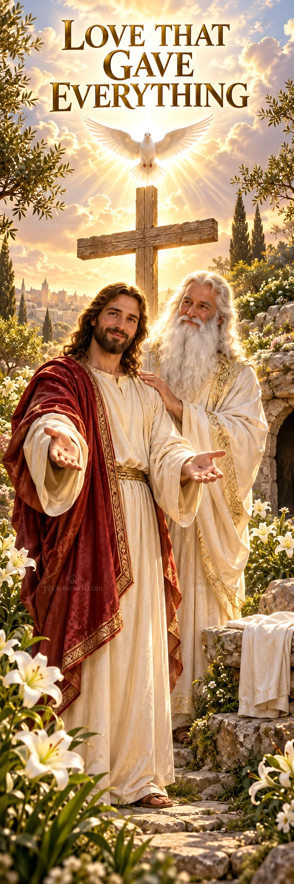 Jesus Christ welcoming with love in a garden by the cross - AI-generated stock image