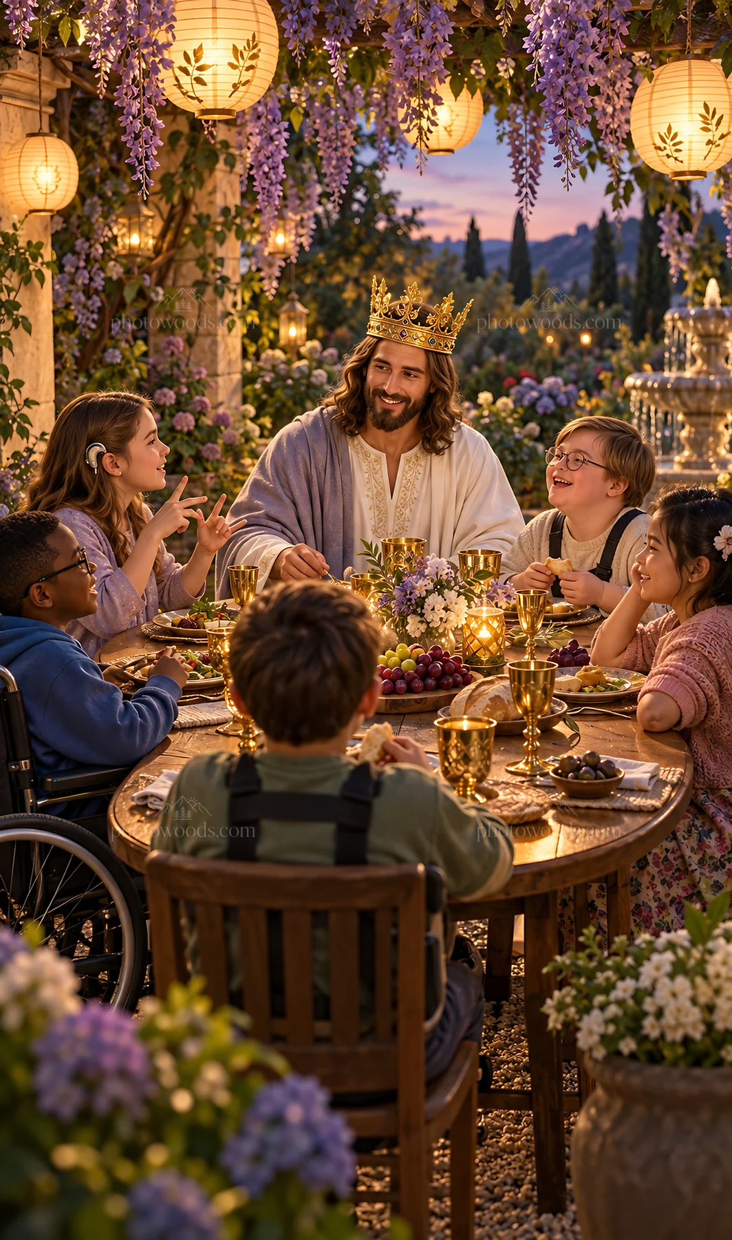 Jesus Christ sharing a meal with children in a garden - AI-generated stock image