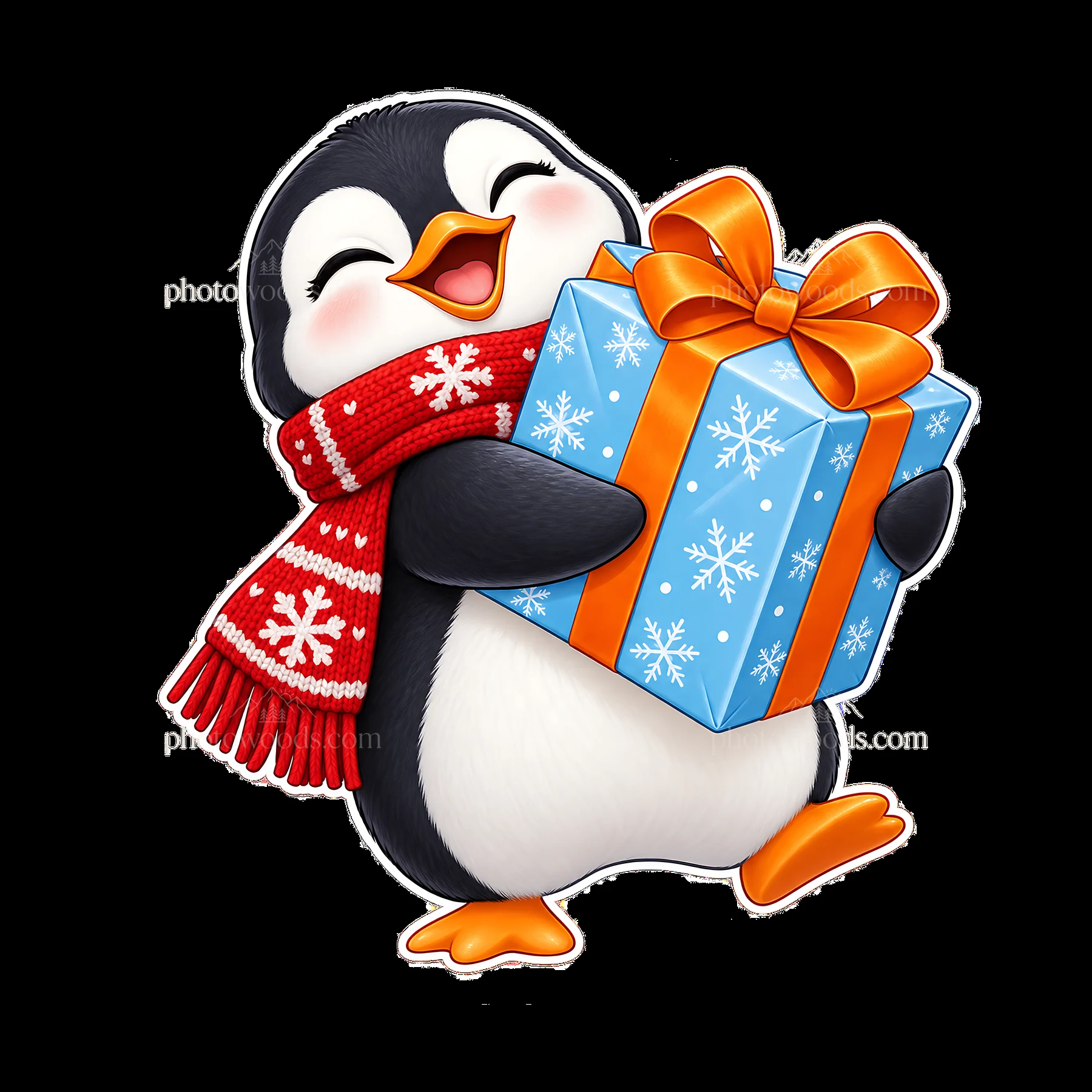 Penguin holds a Christmas gift with a red scarf in winter - AI-generated stock image