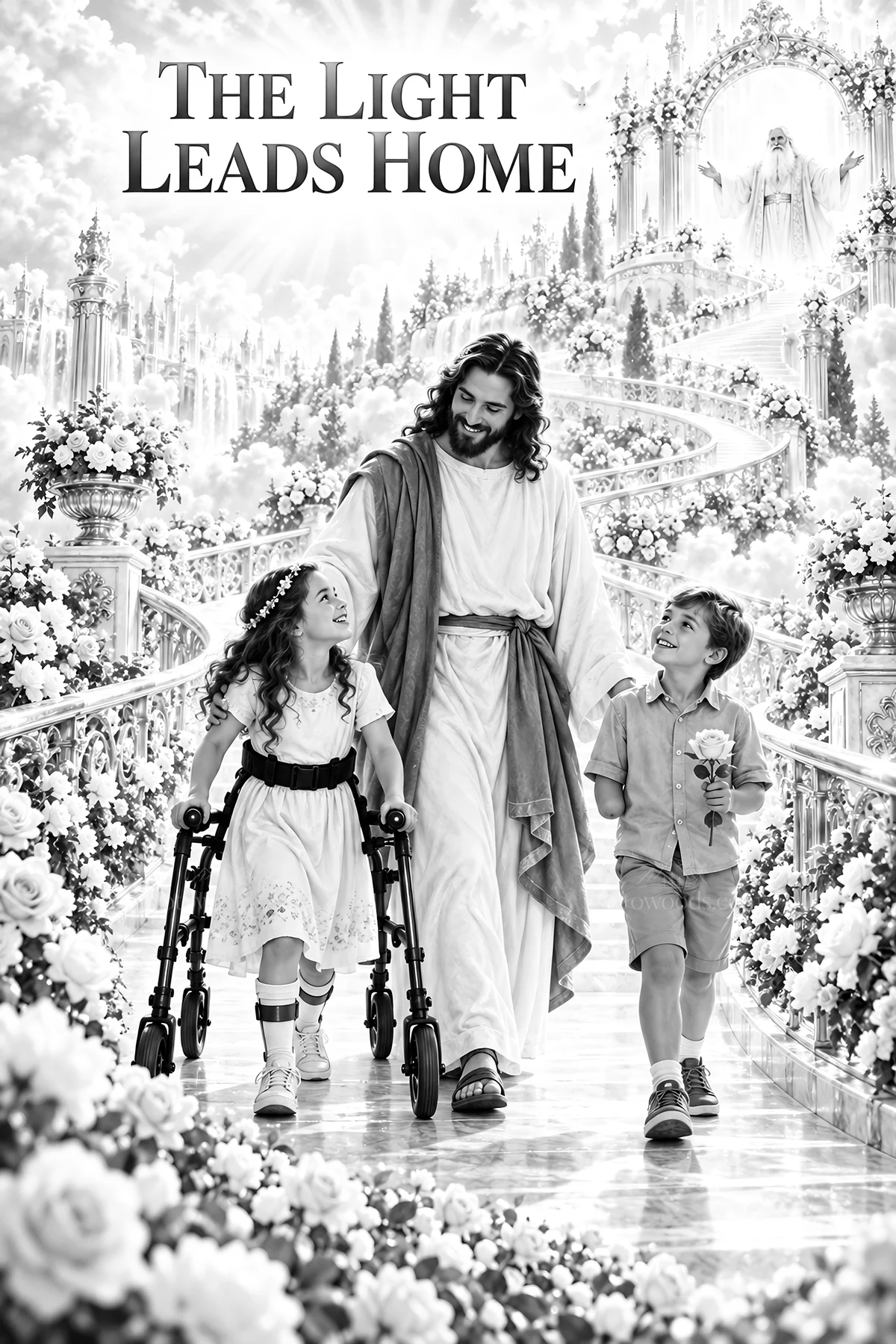 Jesus Christ walking with children in a beautiful garden - AI-generated stock image