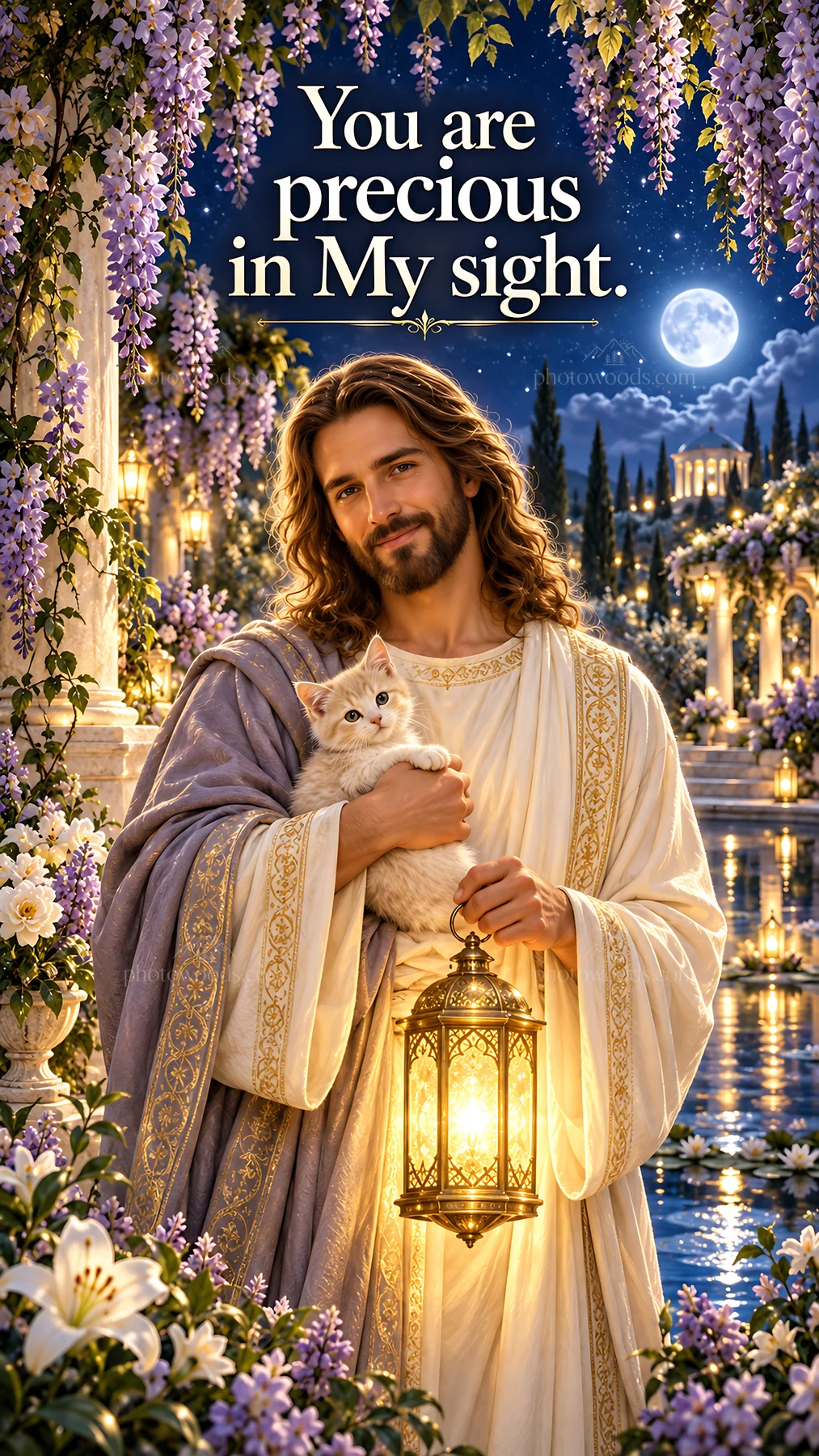 Jesus Christ holding a cat and lantern in a beautiful garden - AI-generated stock image