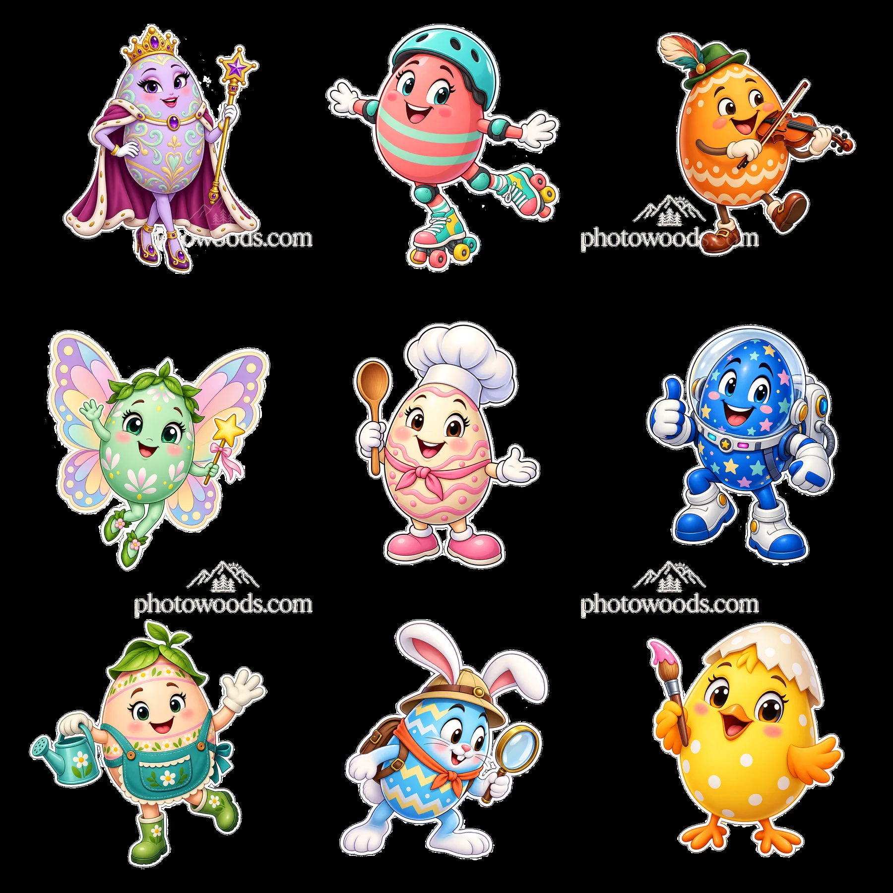 Nine cartoon figure stickers in a square arrangement - AI-generated stock image