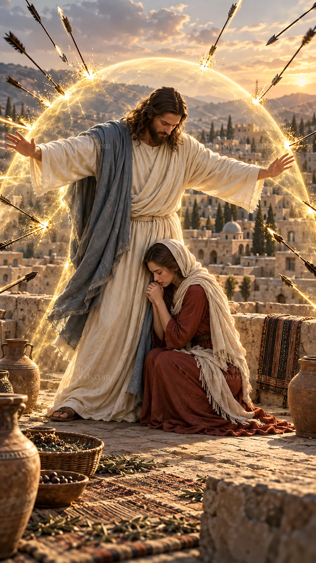 Jesus Christ comforting a woman in a village setting - AI-generated stock image