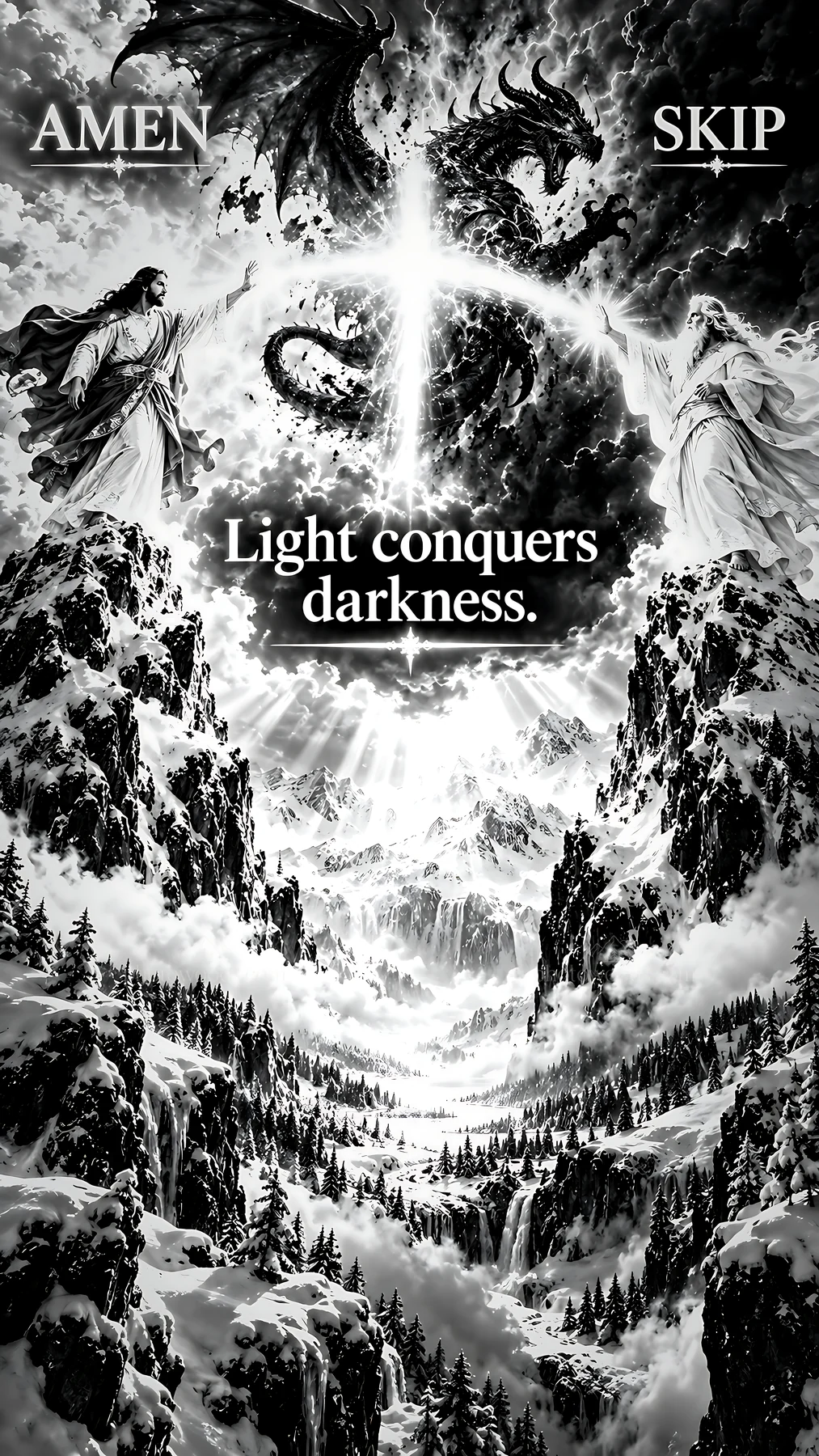 Jesus Christ conquering darkness in a mystical landscape - AI-generated stock image
